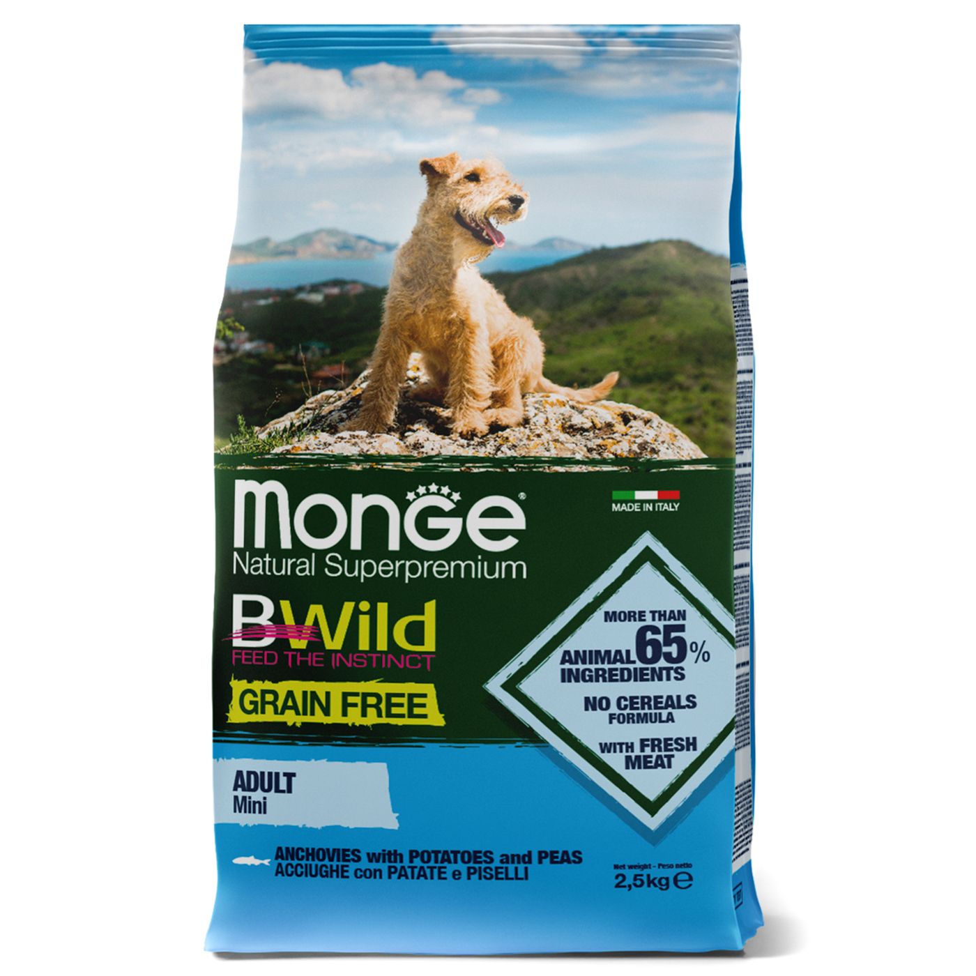 Monge Dog BWild GRAIN FREE Mini беззерновой корм из анчоуса с картофелем для взрослых собак мелких пород 2,5кг — фото 2