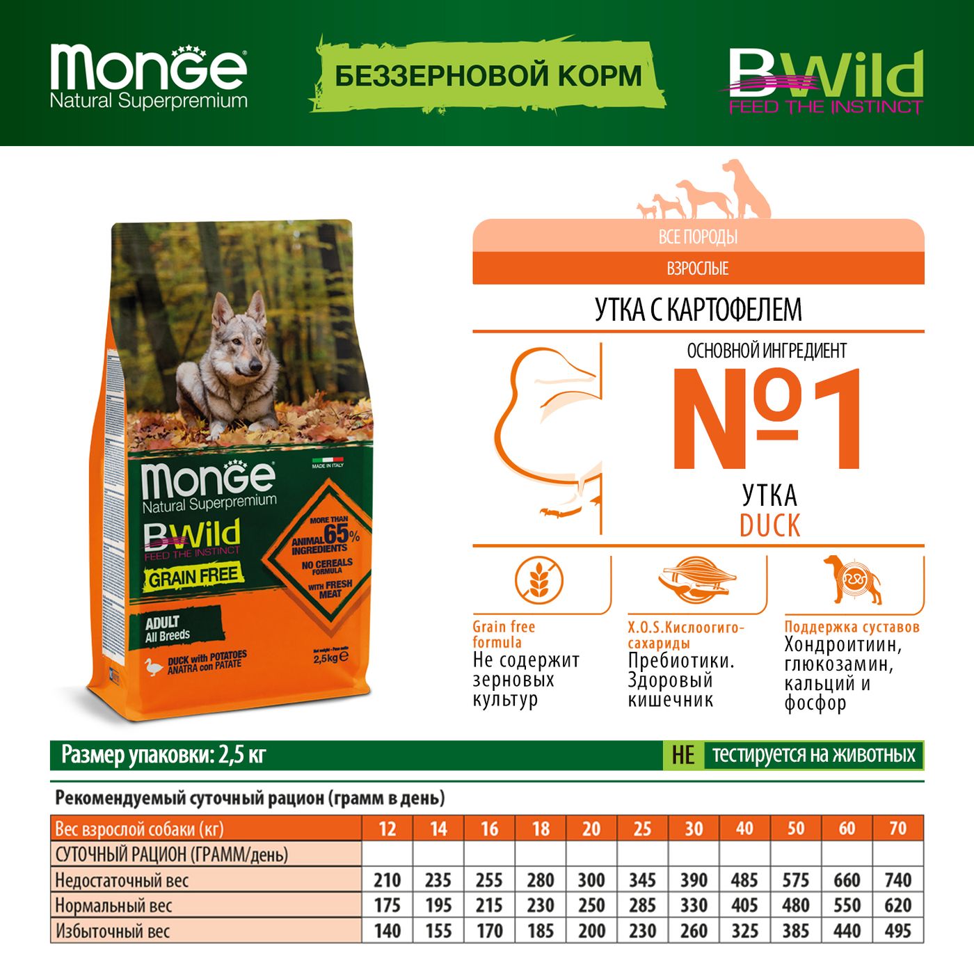 Сухой корм Monge Dog BWild GRAIN FREE для взрослых собак, беззерновой, утка с картофелем 2,5 кг — фото 2