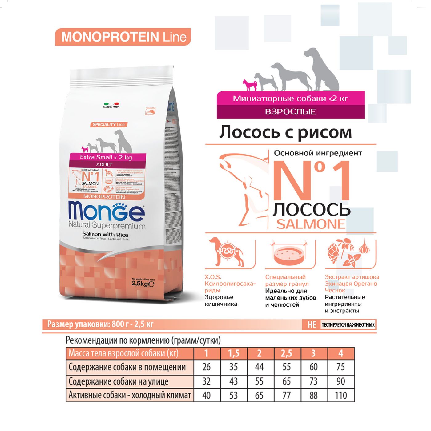 Сухой корм Monge Dog Speciality Line Monoprotein Extra Small для взрослых собак миниатюрных пород, с лососем и рисом 800 г — фото 3