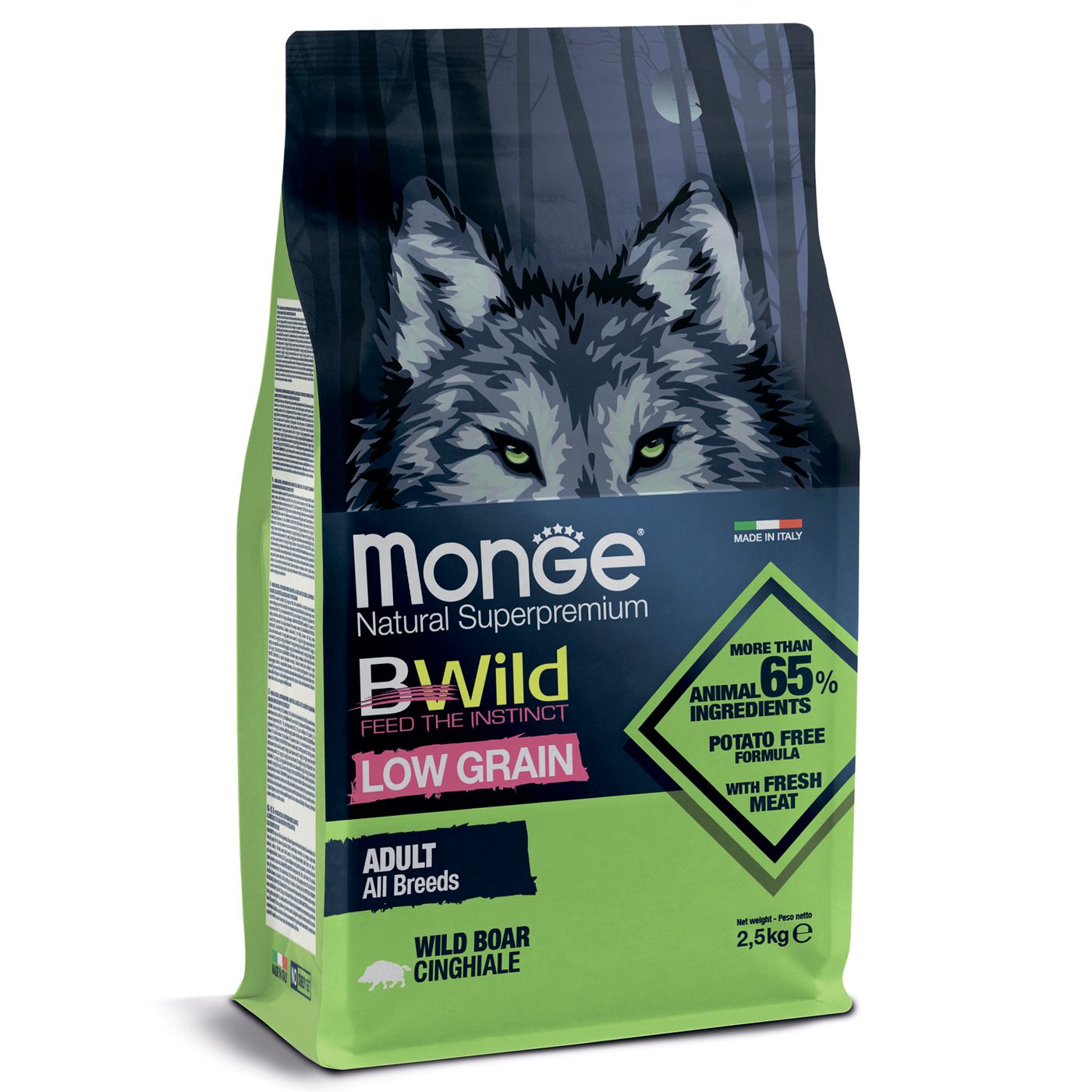 Сухой корм Monge Dog BWild LOW GRAIN для взрослых собак, низкозерновой, из мяса дикого кабана 2,5 кг — фото 2