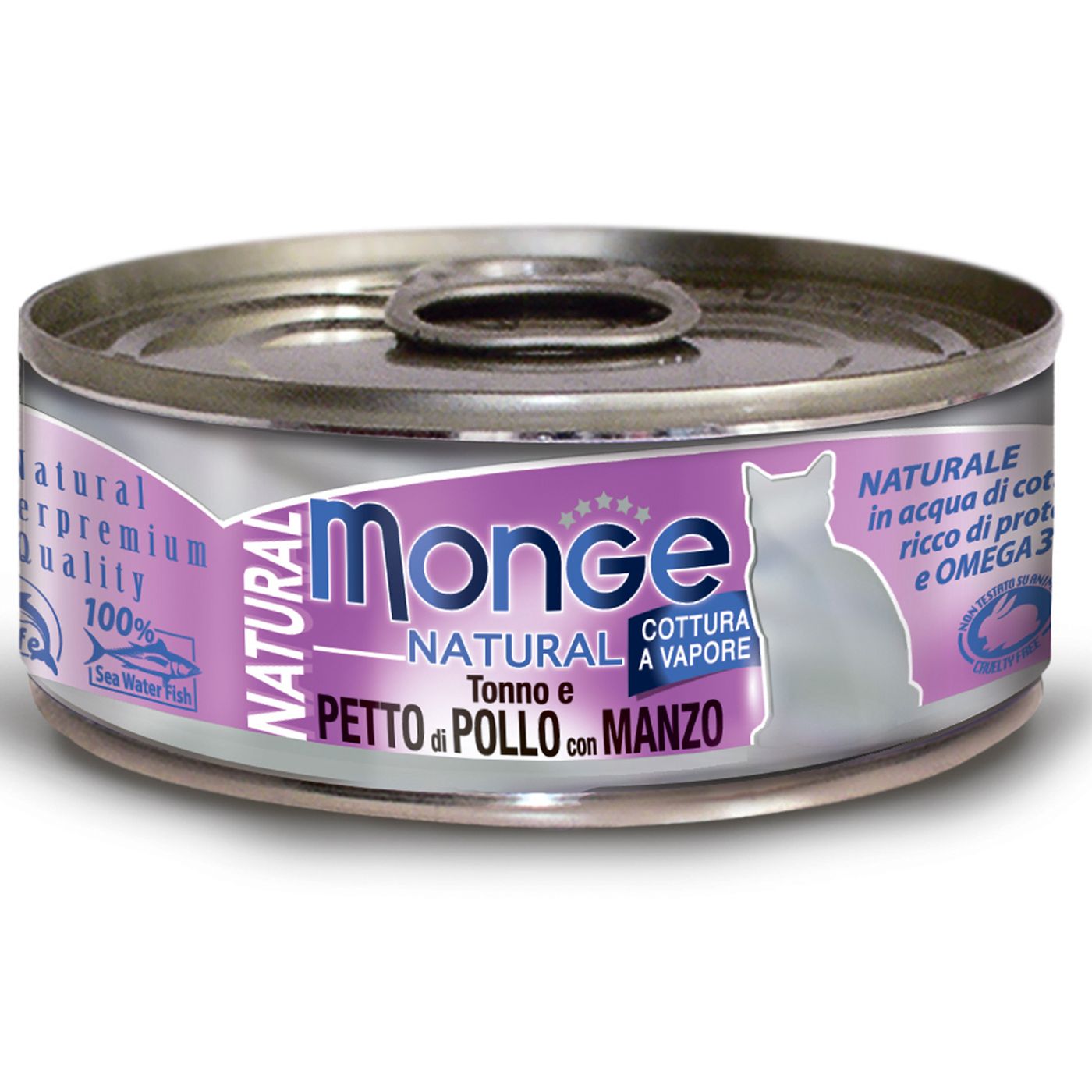 Влажный корм Monge Cat Natural для кошек, из тунца с курицей и говядиной, консервы 80 г