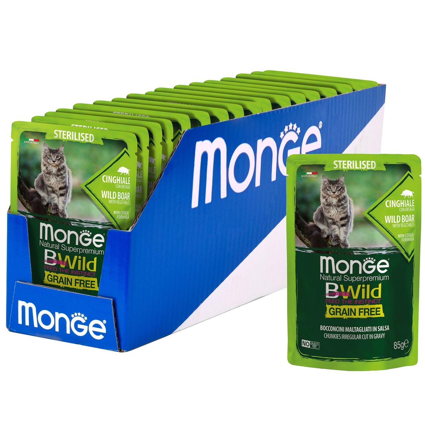 Влажный корм Monge Cat BWild GRAIN FREE для стерилизованных кошек, беззерновой, из мяса дикого кабана с овощами, паучи 85 г — фото 7