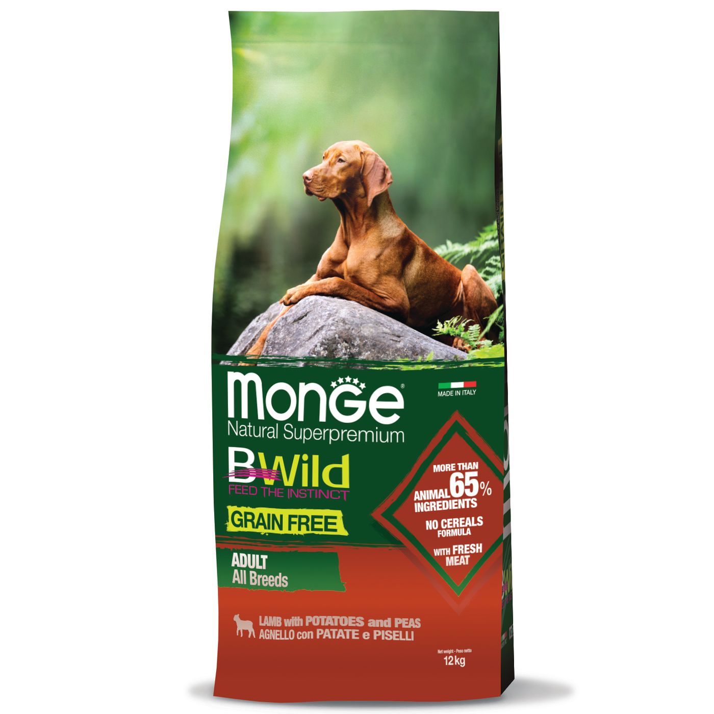 Сухой корм Monge Dog BWild GRAIN FREE для взрослых собак всех пород, беззерновой, из ягненка с картофелем и горохом 12 кг