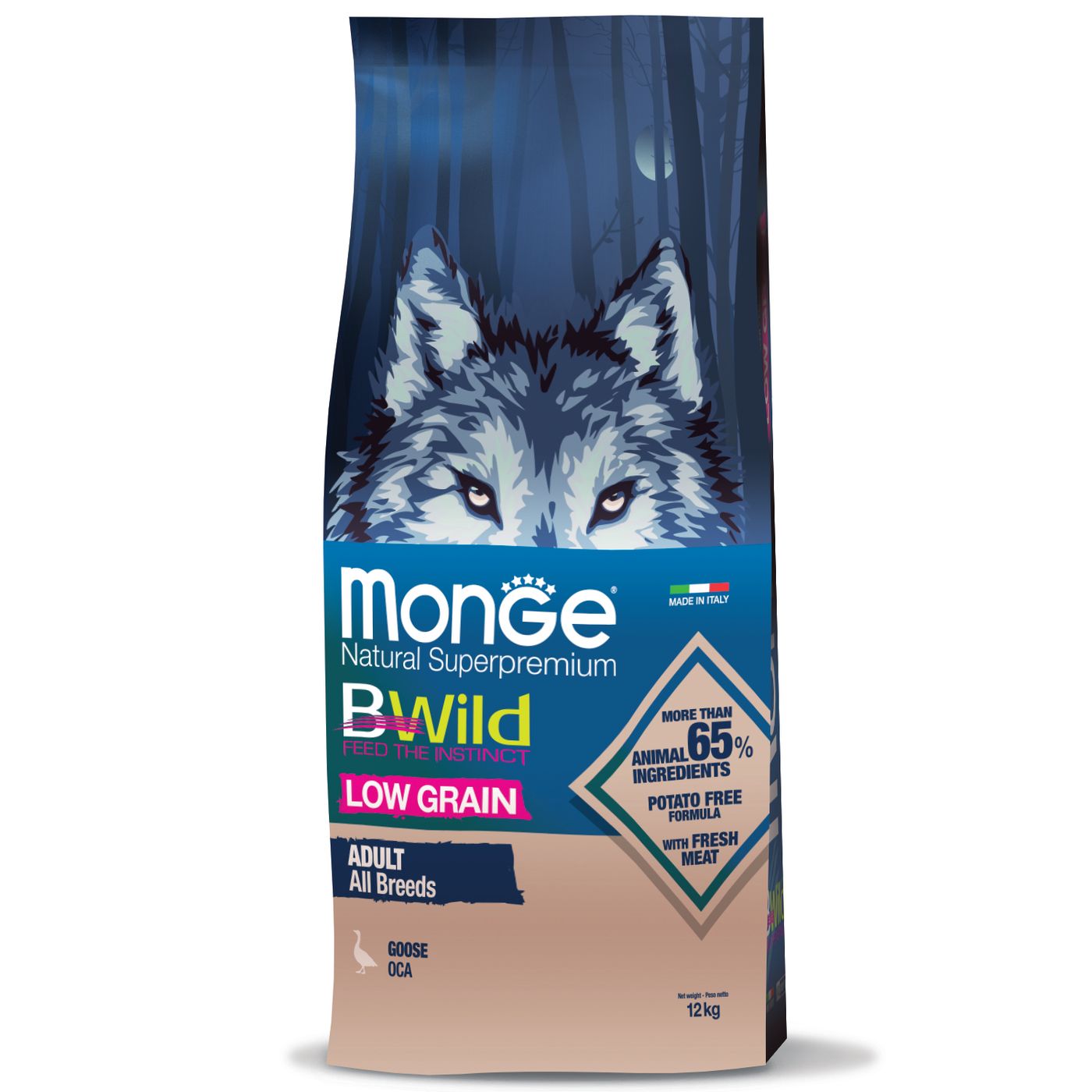 Сухой корм Monge Dog BWild LOW GRAIN для взрослых собак, низкозерновой, из мяса гуся 12 кг