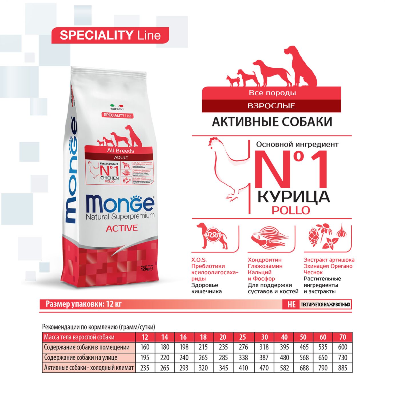 Сухой корм Monge Dog Speciality Line Active корм для активных собак, из курицы 12 кг — фото 3
