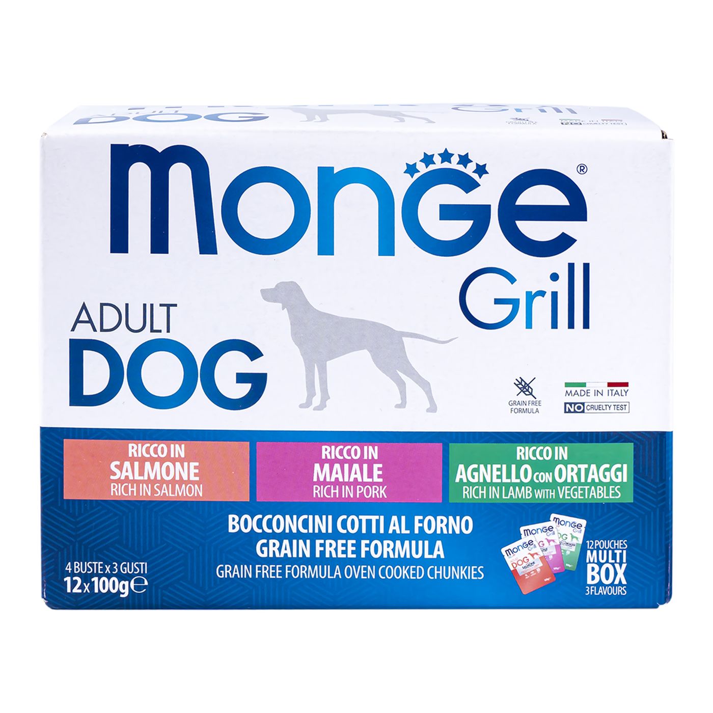 Влажный корм Monge Dog Grill для собак с лососем, со свининой, с ягненком и овощами, бокс с паучами 12 шт х 100 г — фото 2