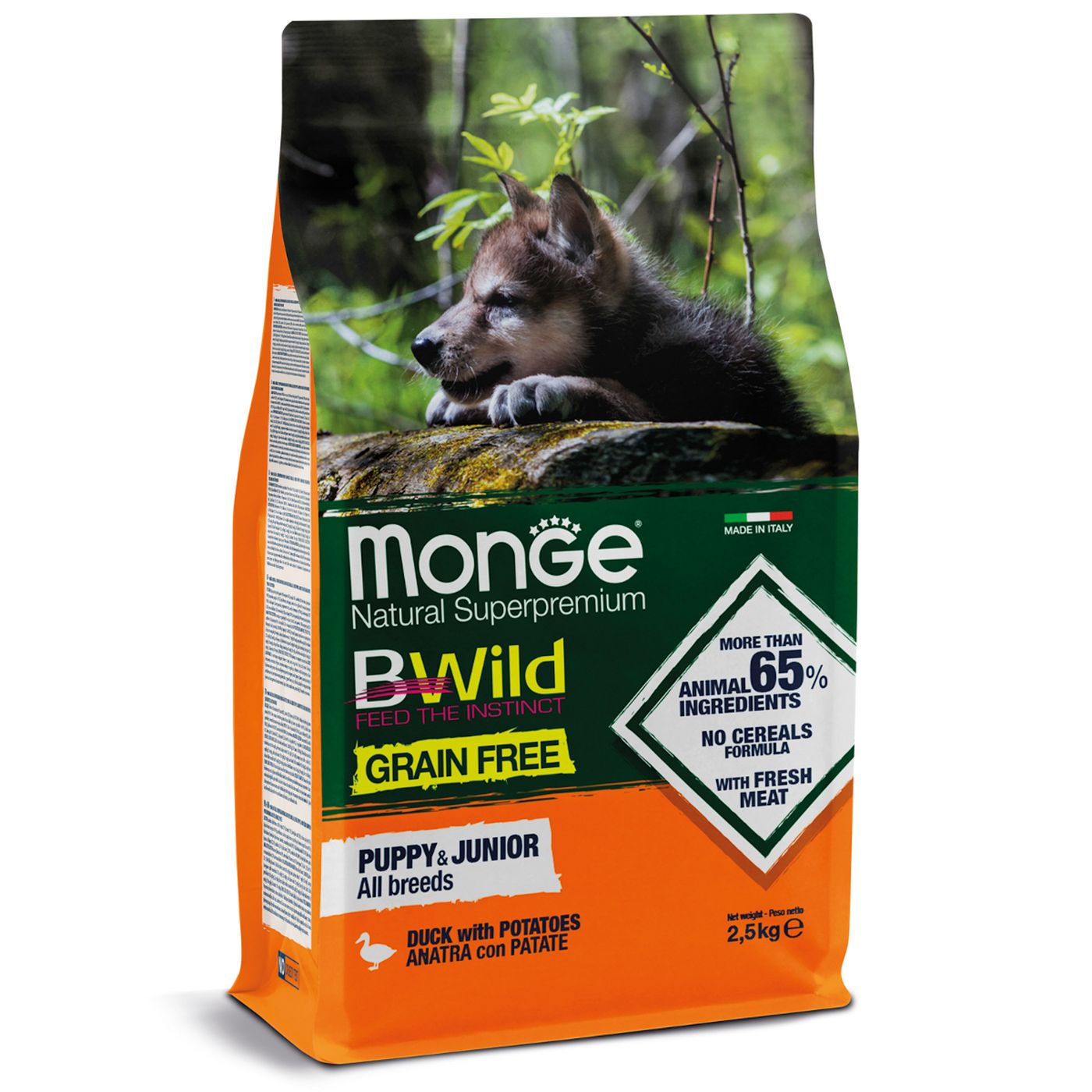 Сухой корм Monge Dog BWild GRAIN FREE Puppy & Junior для щенков, беззерновой, из мяса утки с картофелем 2,5 кг — фото 7
