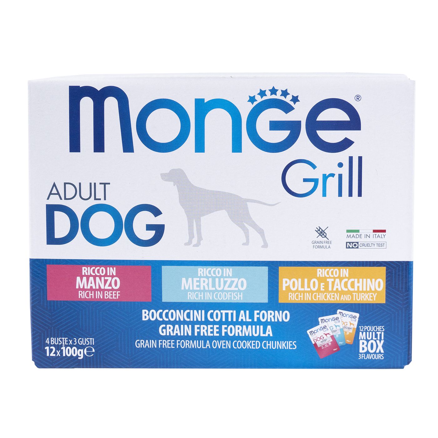 Влажный корм Monge Dog Grill для собак с говядиной, с треской, с курицей и индейкой, бокс с паучами 12 шт х 100 г — фото 2