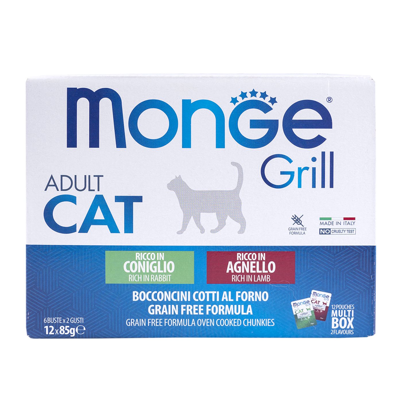 Влажный корм Monge Cat Grill для взрослых кошек с кроликом, с ягненком, бокс с паучами 12 шт х 85 г — фото 2