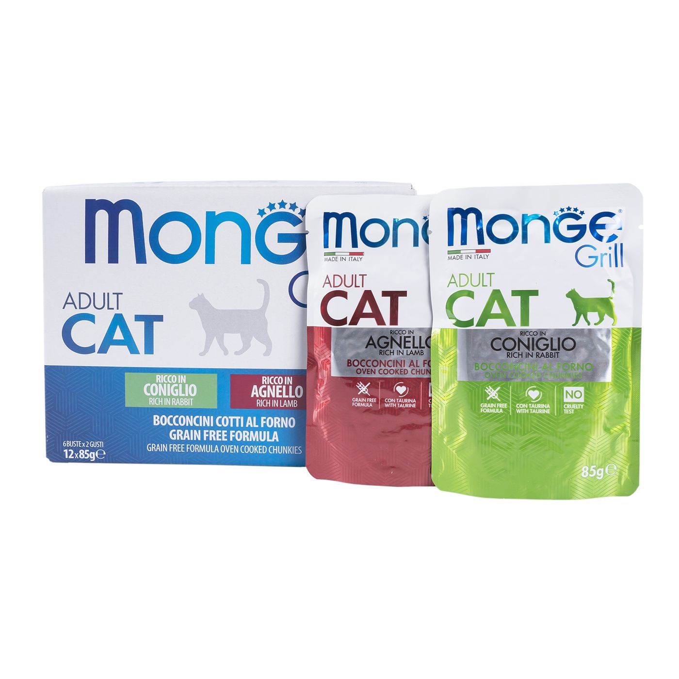 Влажный корм Monge Cat Grill для взрослых кошек с кроликом, с ягненком, бокс с паучами 12 шт х 85 г — фото 3