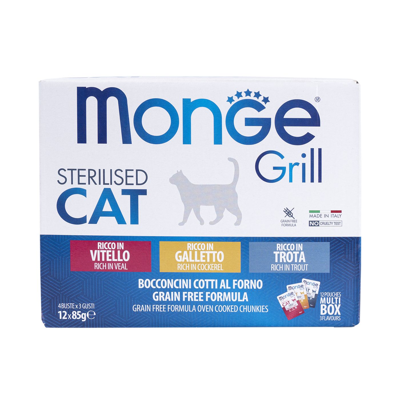 Влажный корм Monge Cat Grill для стерилизованных кошек с телятиной, с курицей, с форелью, бокс с паучами 12 шт х 85 г — фото 2