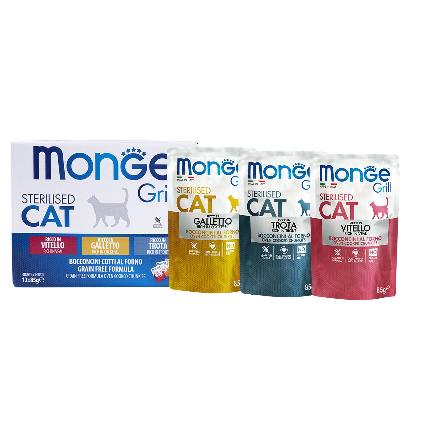 Влажный корм Monge Cat Grill для стерилизованных кошек с телятиной, с курицей, с форелью, бокс с паучами 12 шт х 85 г — фото 3