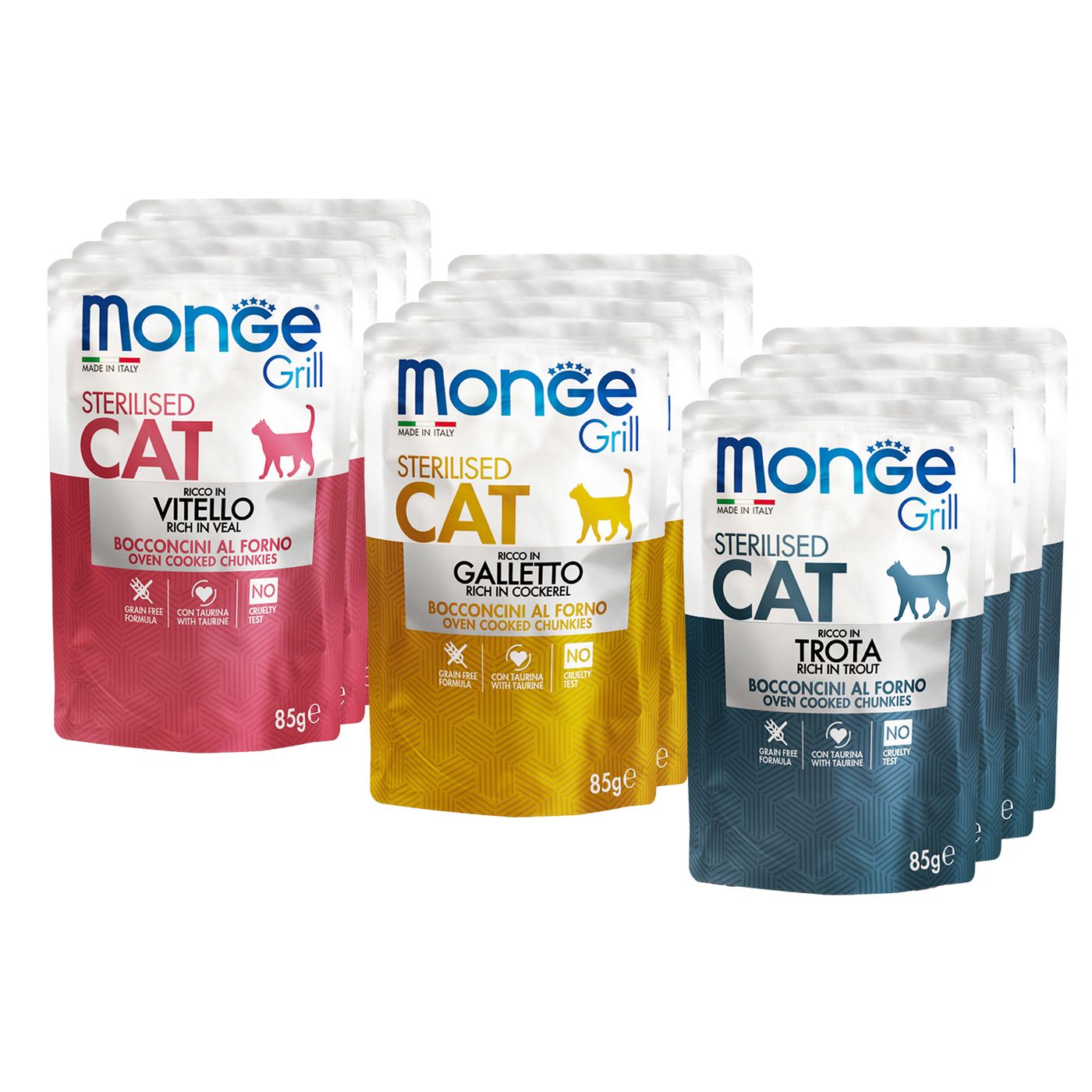 Влажный корм Monge Cat Grill для стерилизованных кошек с телятиной, с курицей, с форелью, бокс с паучами 12 шт х 85 г — фото 4
