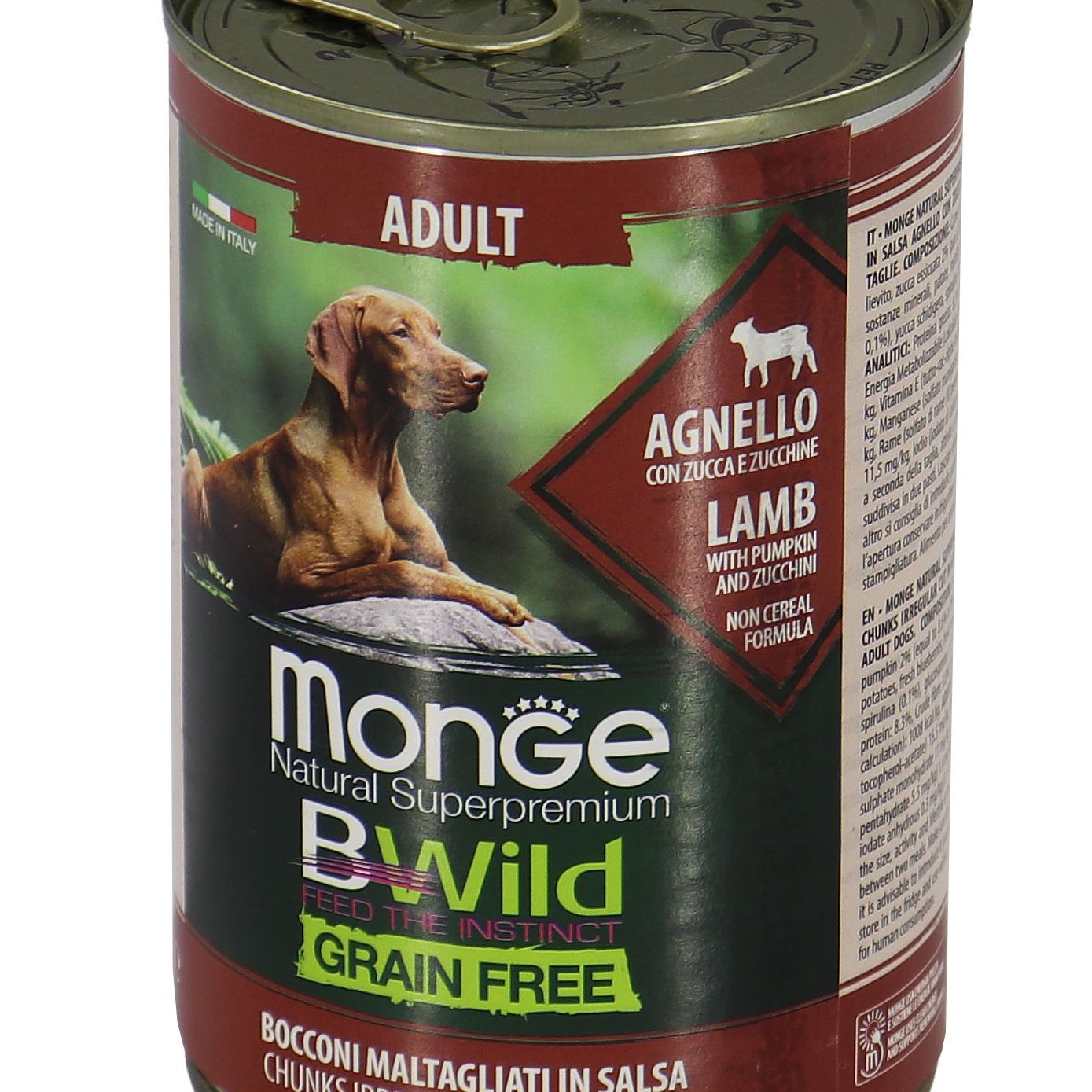 Влажный корм Monge Dog BWild GRAIN FREE для взрослых собак, беззерновой, из ягненка с тыквой и кабачками, консервы 400 г — фото 2