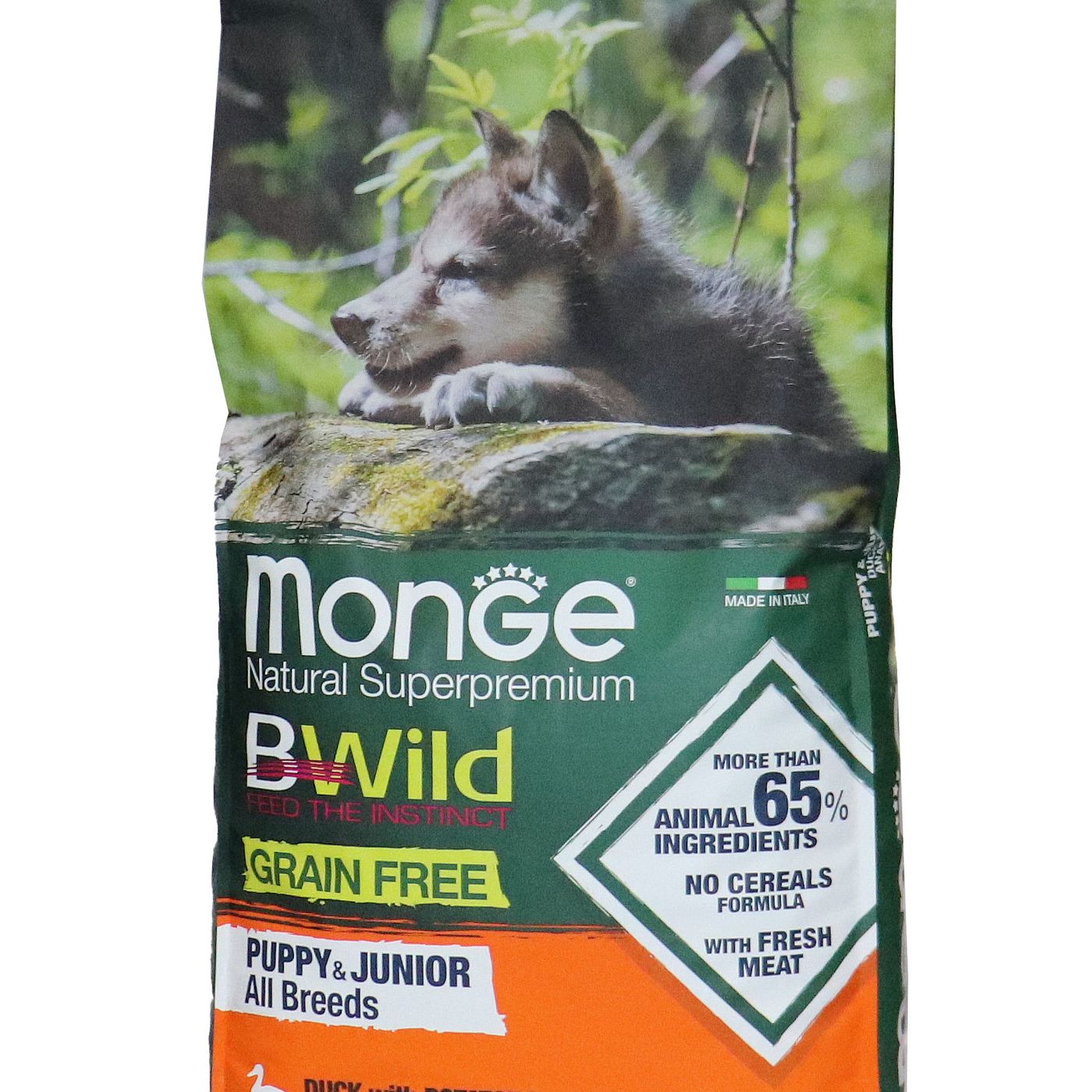 Сухой корм Monge Dog BWild GRAIN FREE Puppy & Junior для щенков, беззерновой, из мяса утки с картофелем 12 кг — фото 2