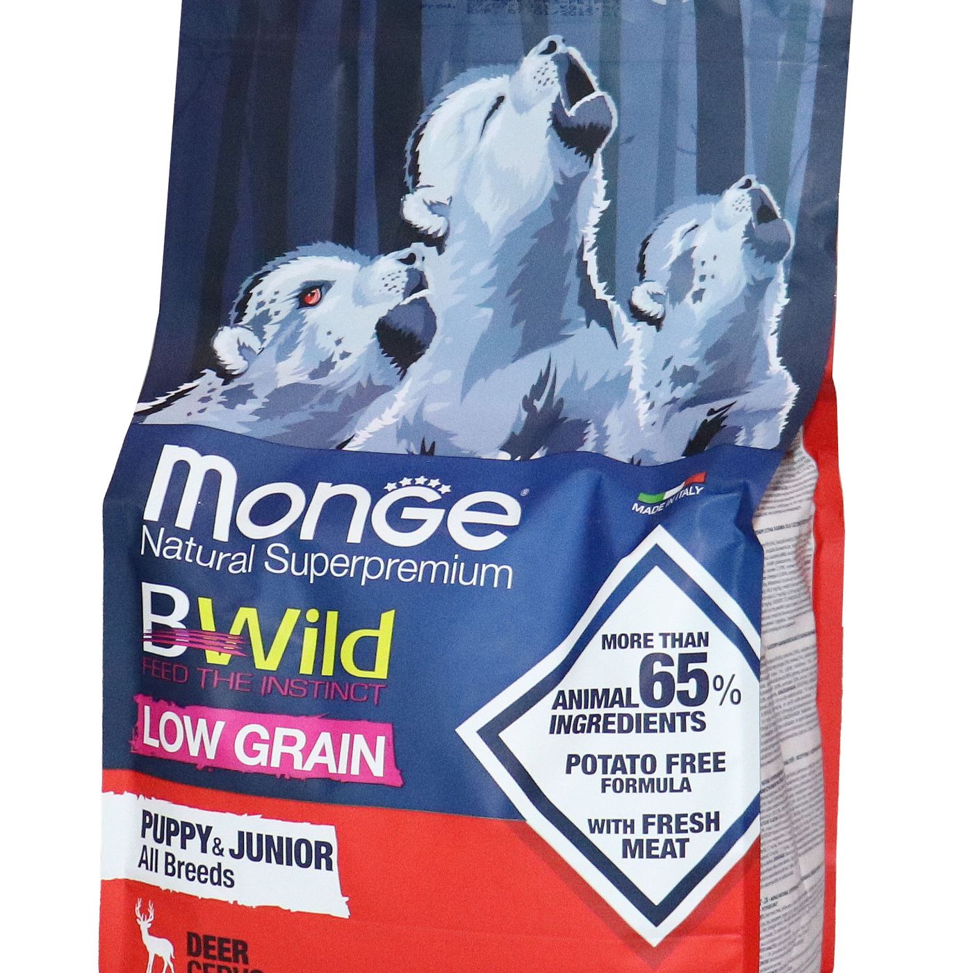 Сухой корм Monge Dog BWild LOW GRAIN Puppy & junior для щенков, низкозерновой, из мяса оленя 2,5 кг — фото 2