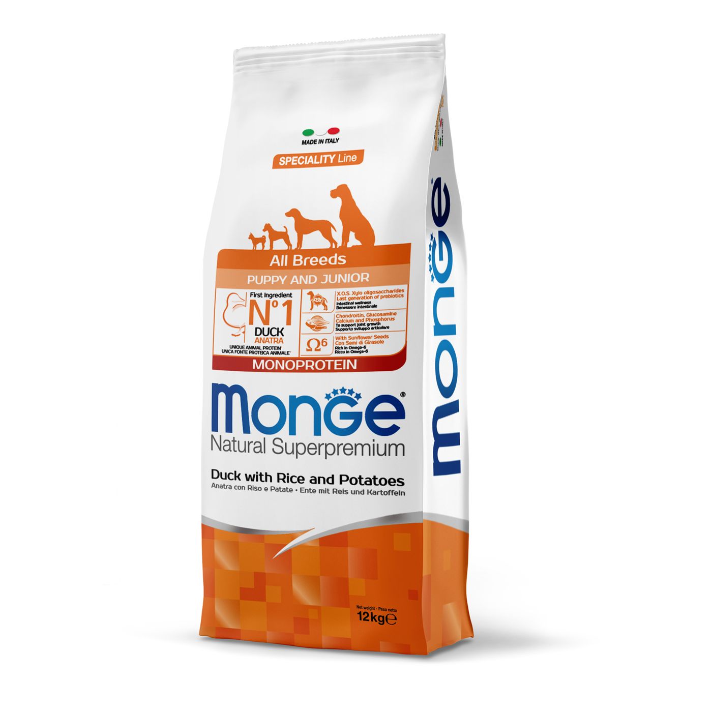 Сухой корм Monge Dog Speciality Line Monoprotein для щенков всех пород, из утки с рисом и картофелем 12 кг — фото 3