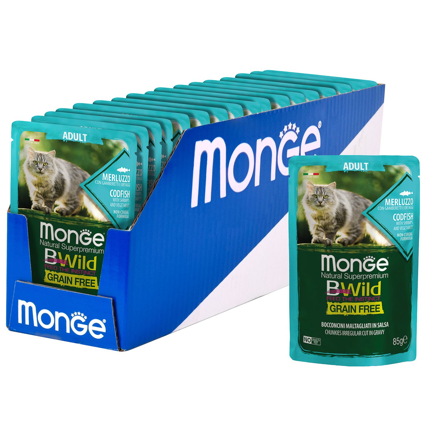 Влажный корм Monge Cat BWild GRAIN FREE для взрослых кошек, беззерновой, из трески с креветками и овощами, паучи 85 г — фото 7