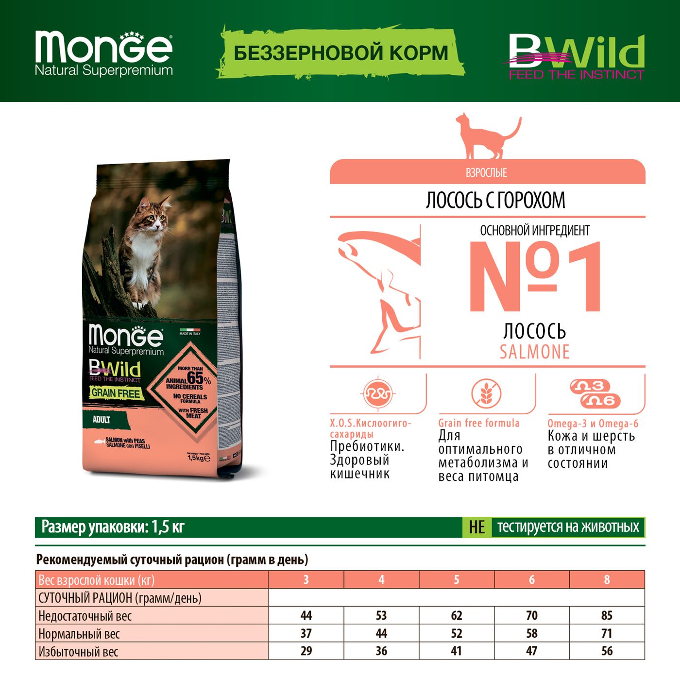 Сухой корм Monge Cat BWild GRAIN FREE для кошек, из лосося, беззерновой, 1,5 кг — фото 2