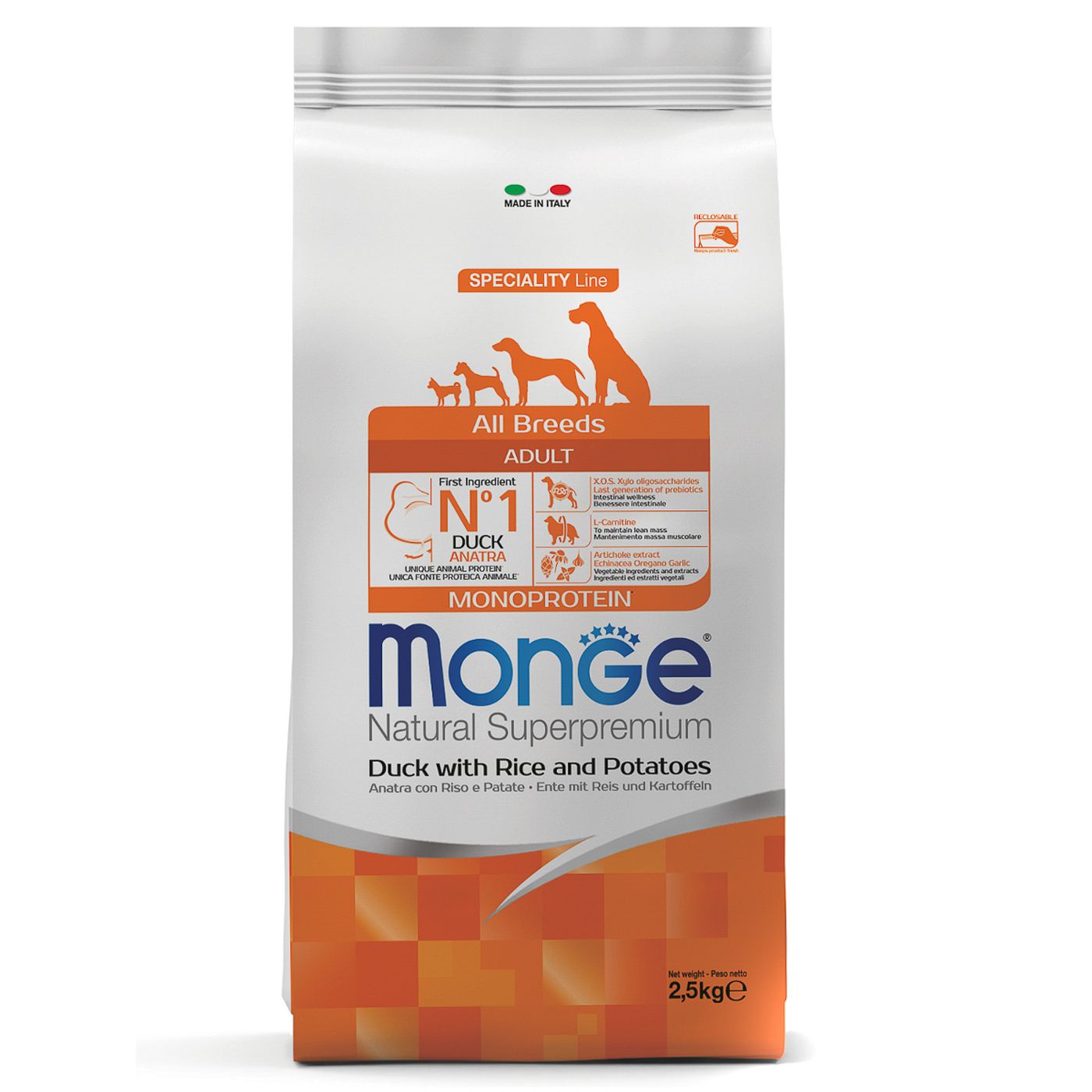 Сухой корм Monge Dog Speciality Line Monoprotein для взрослых собак всех пород, из утки с рисом и картофелем 2,5 кг