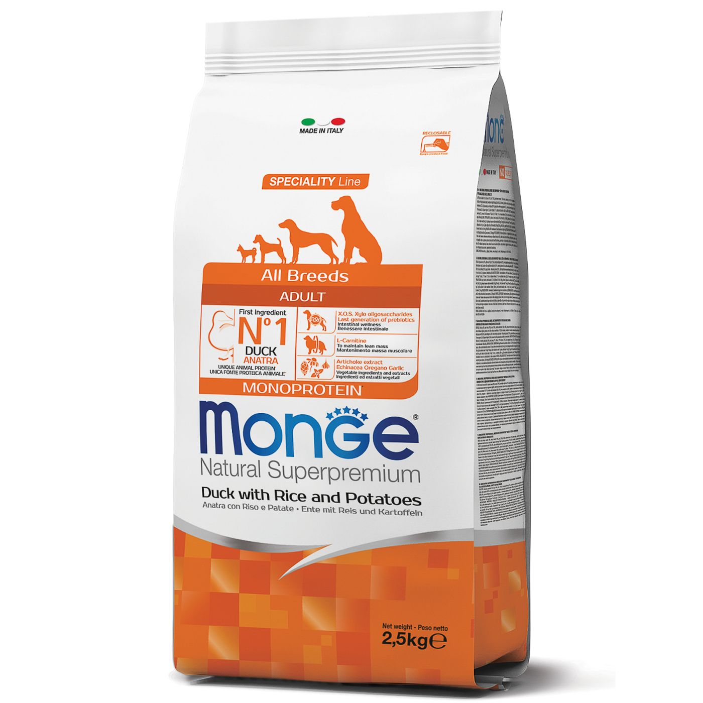 Сухой корм Monge Dog Speciality Line Monoprotein для взрослых собак всех пород, из утки с рисом и картофелем 2,5 кг — фото 8