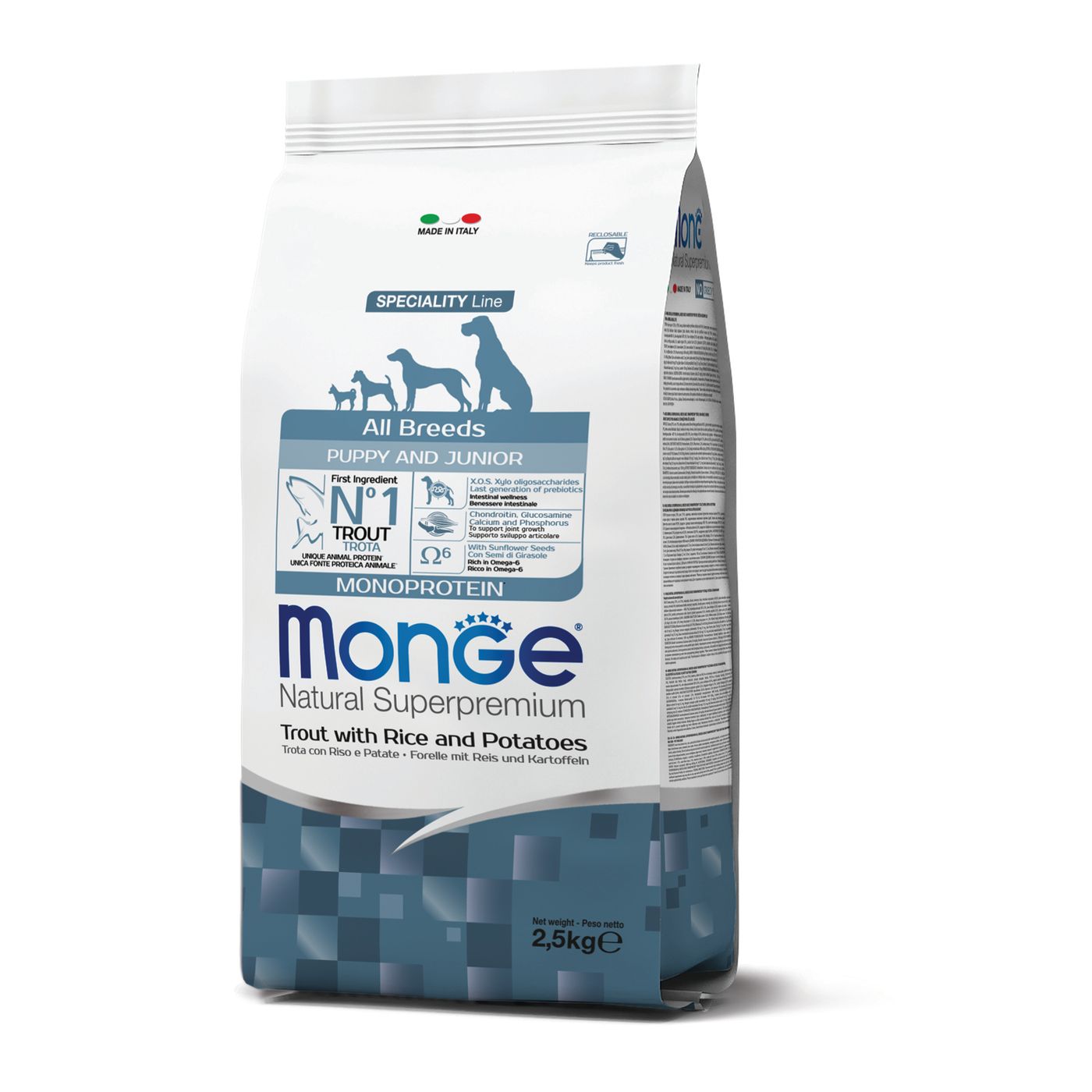 Сухой корм Monge Dog Speciality Line Monoprotein для щенков всех пород, из форели с рисом и картофелем 2,5 кг — фото 3
