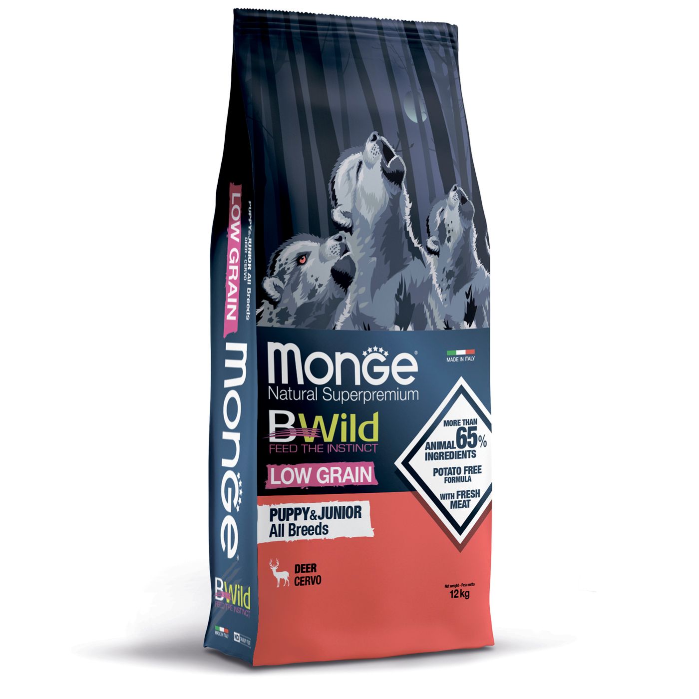 Сухой корм Monge Dog BWild LOW GRAIN Puppy & junior для щенков, низкозерновой, из мяса оленя 12 кг — фото 3