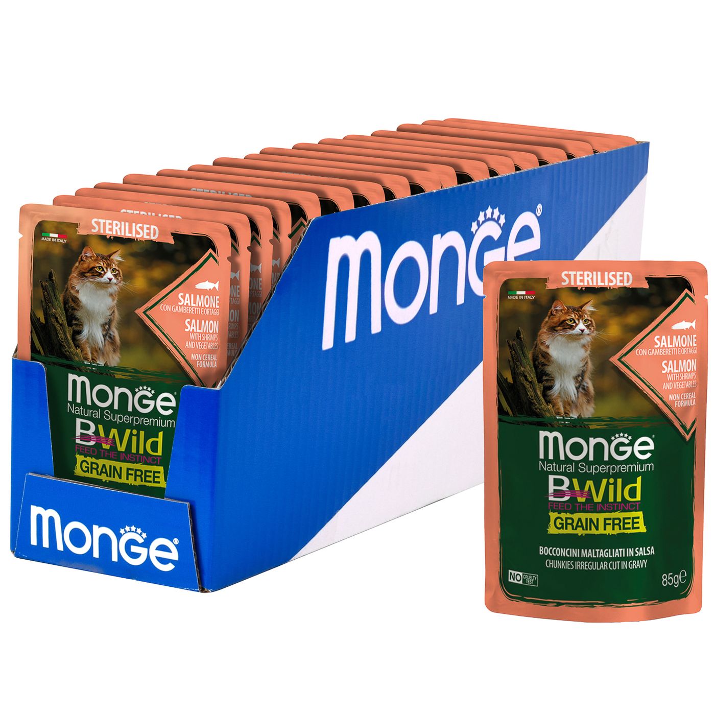 Влажный корм Monge Cat BWild GRAIN FREE для стерилизованных кошек, беззерновой, из лосося с креветками и овощами, паучи 85 г — фото 7