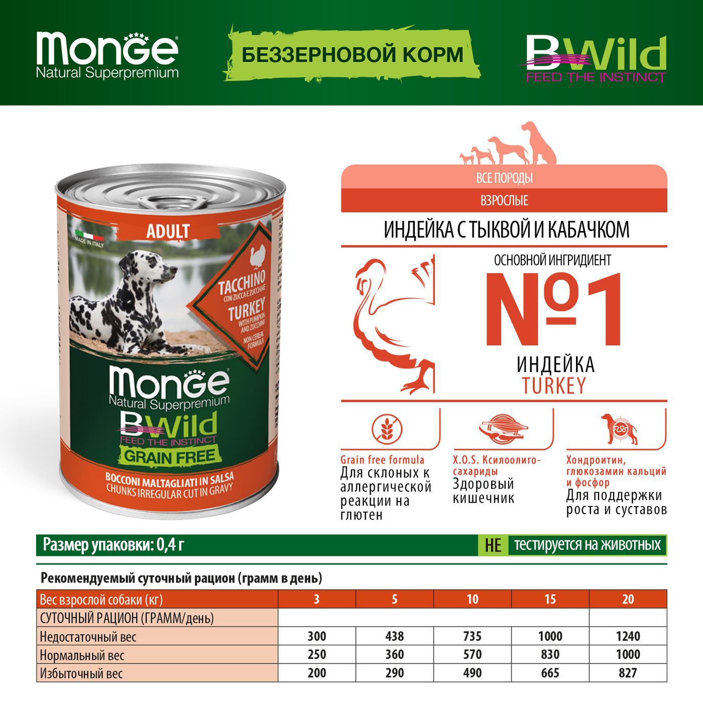 Влажный корм Monge Dog BWild GRAIN FREE для взрослых собак, из индейки с тыквой и кабачками, консервы 400 г — фото 3