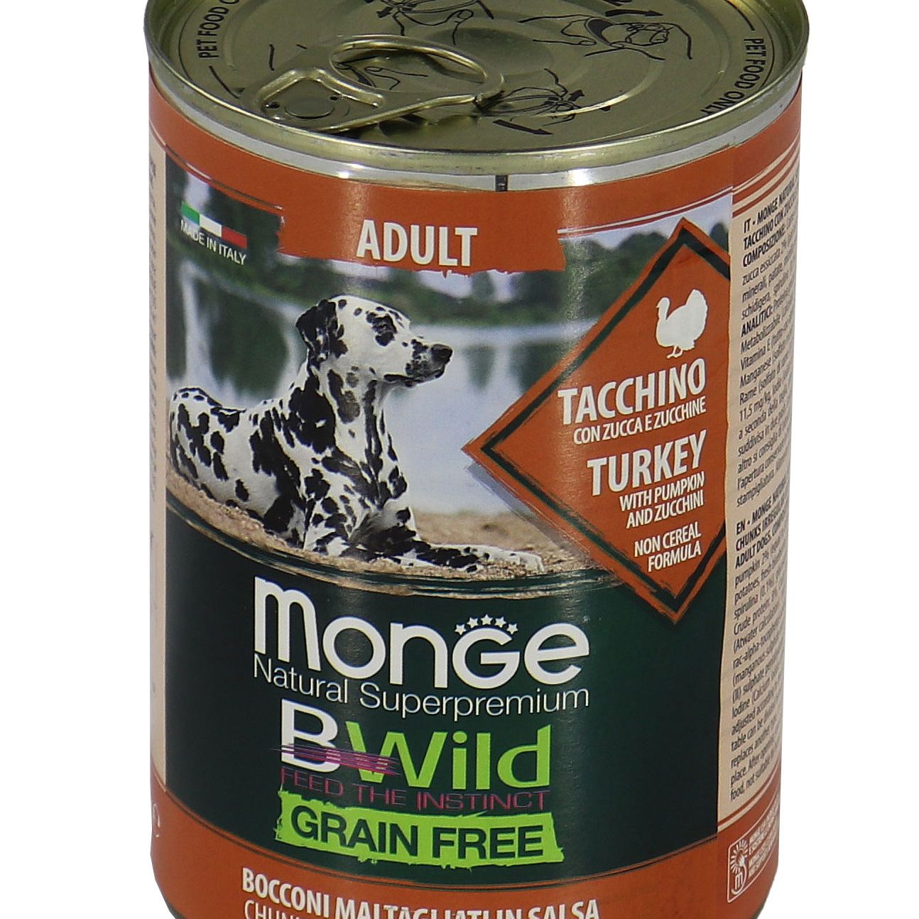 Влажный корм Monge Dog BWild GRAIN FREE для взрослых собак, из индейки с тыквой и кабачками, консервы 400 г — фото 2