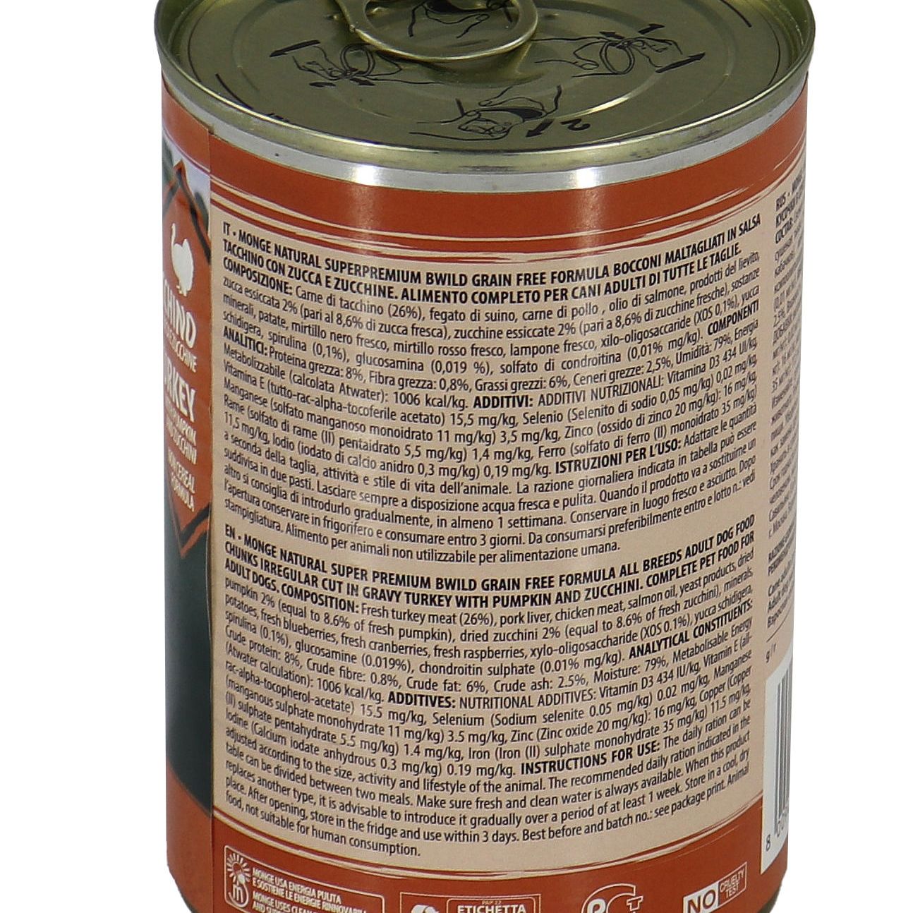 Влажный корм Monge Dog BWild GRAIN FREE для взрослых собак, из индейки с тыквой и кабачками, консервы 400 г — фото 9