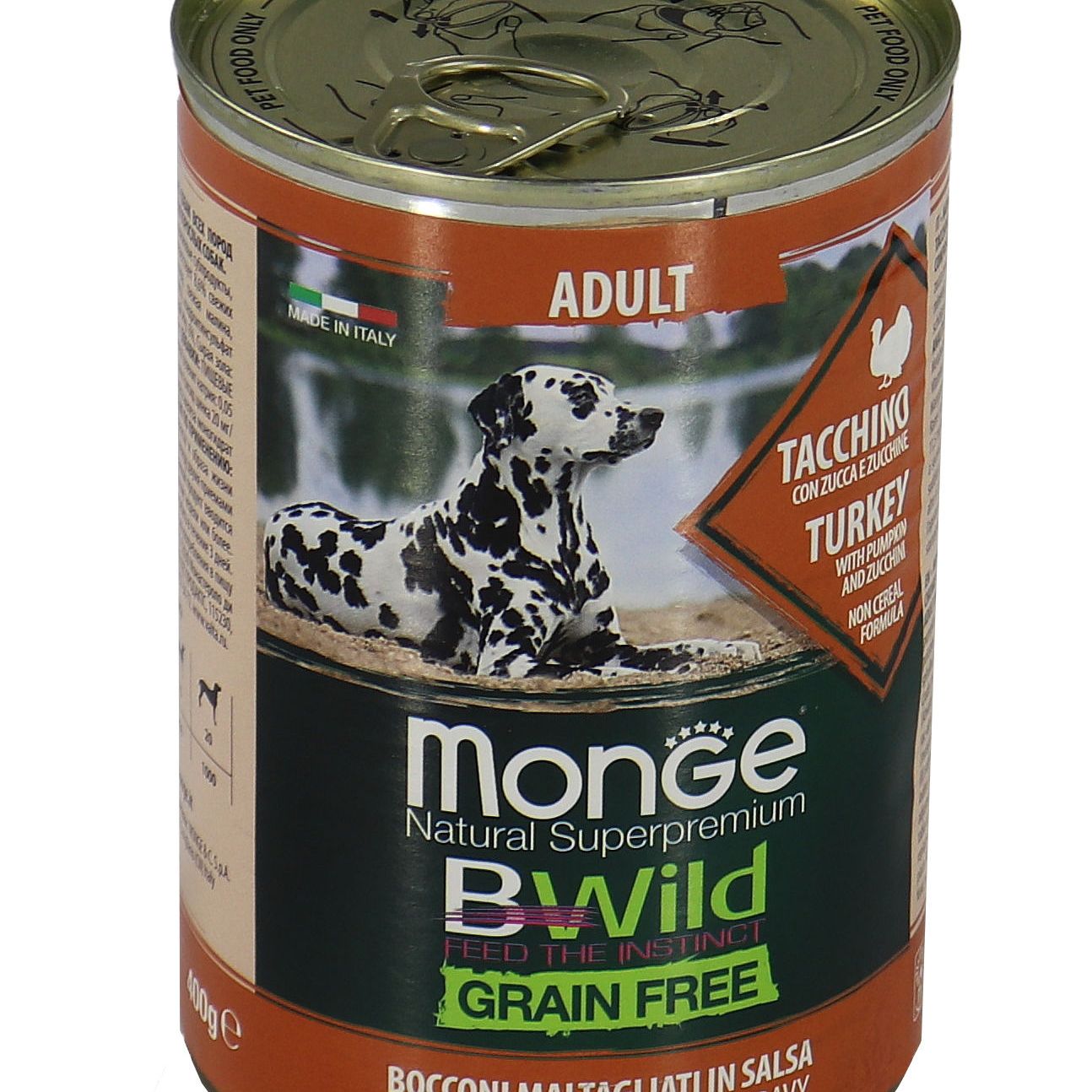 Влажный корм Monge Dog BWild GRAIN FREE для взрослых собак, из индейки с тыквой и кабачками, консервы 400 г — фото 33