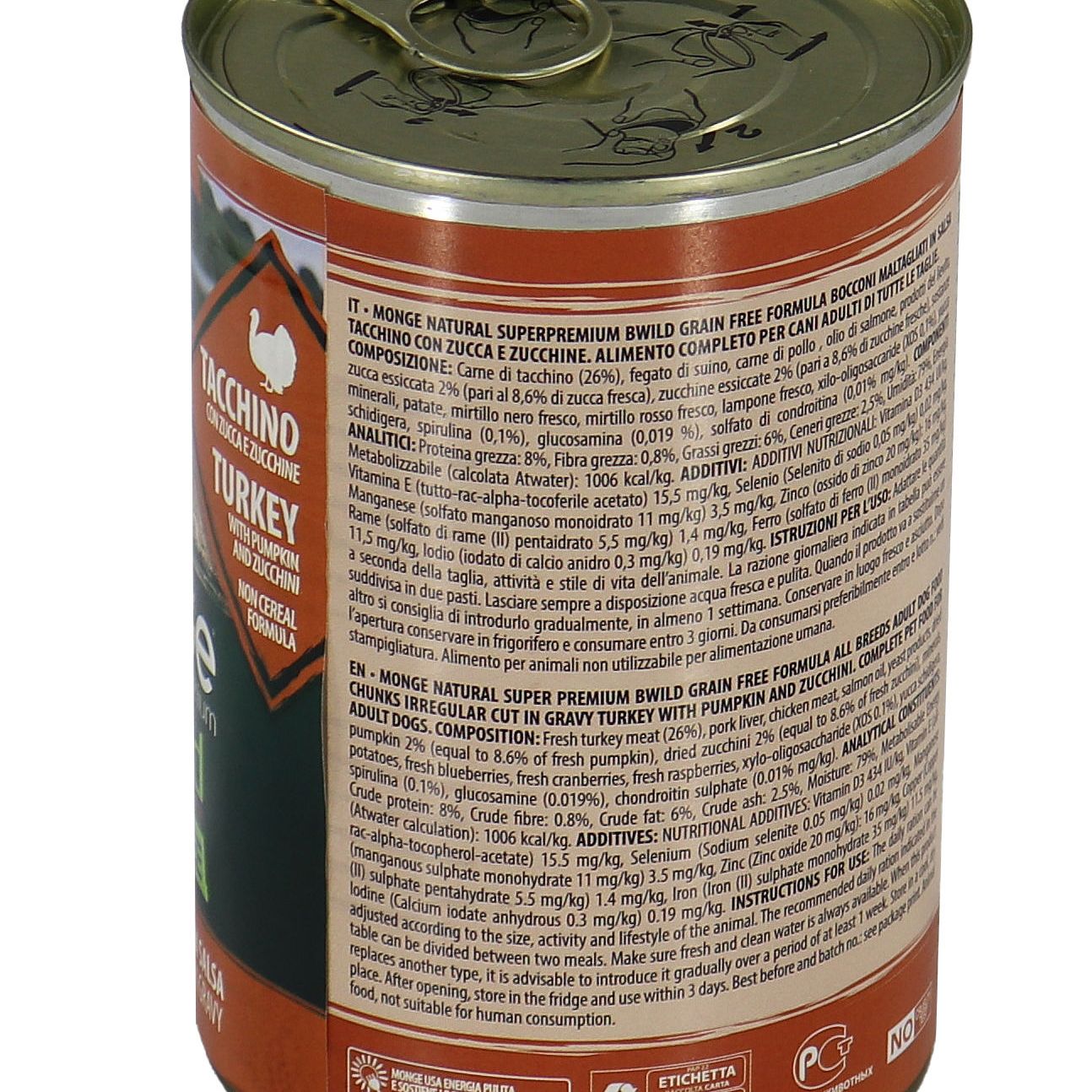 Влажный корм Monge Dog BWild GRAIN FREE для взрослых собак, из индейки с тыквой и кабачками, консервы 400 г — фото 7