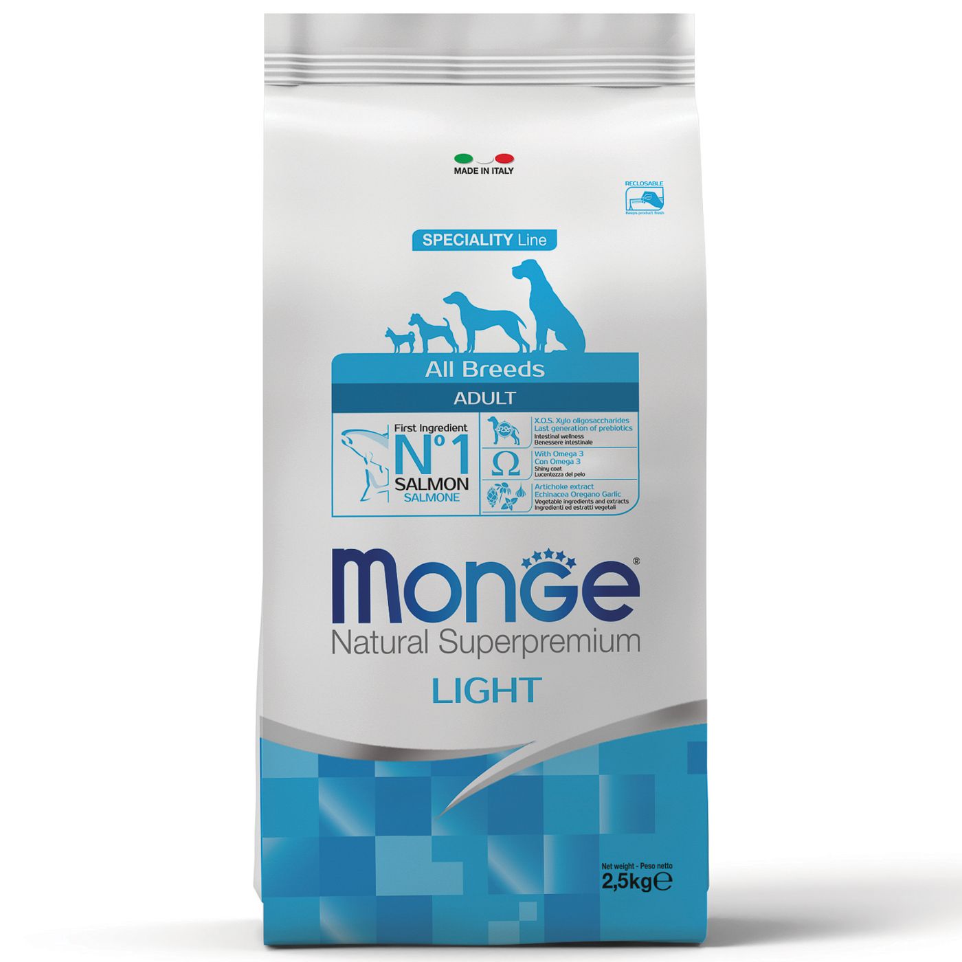 Сухой корм Monge Dog Speciality Line Light для взрослых собак всех пород, низкокалорийный, лосось с рисом 2,5 кг