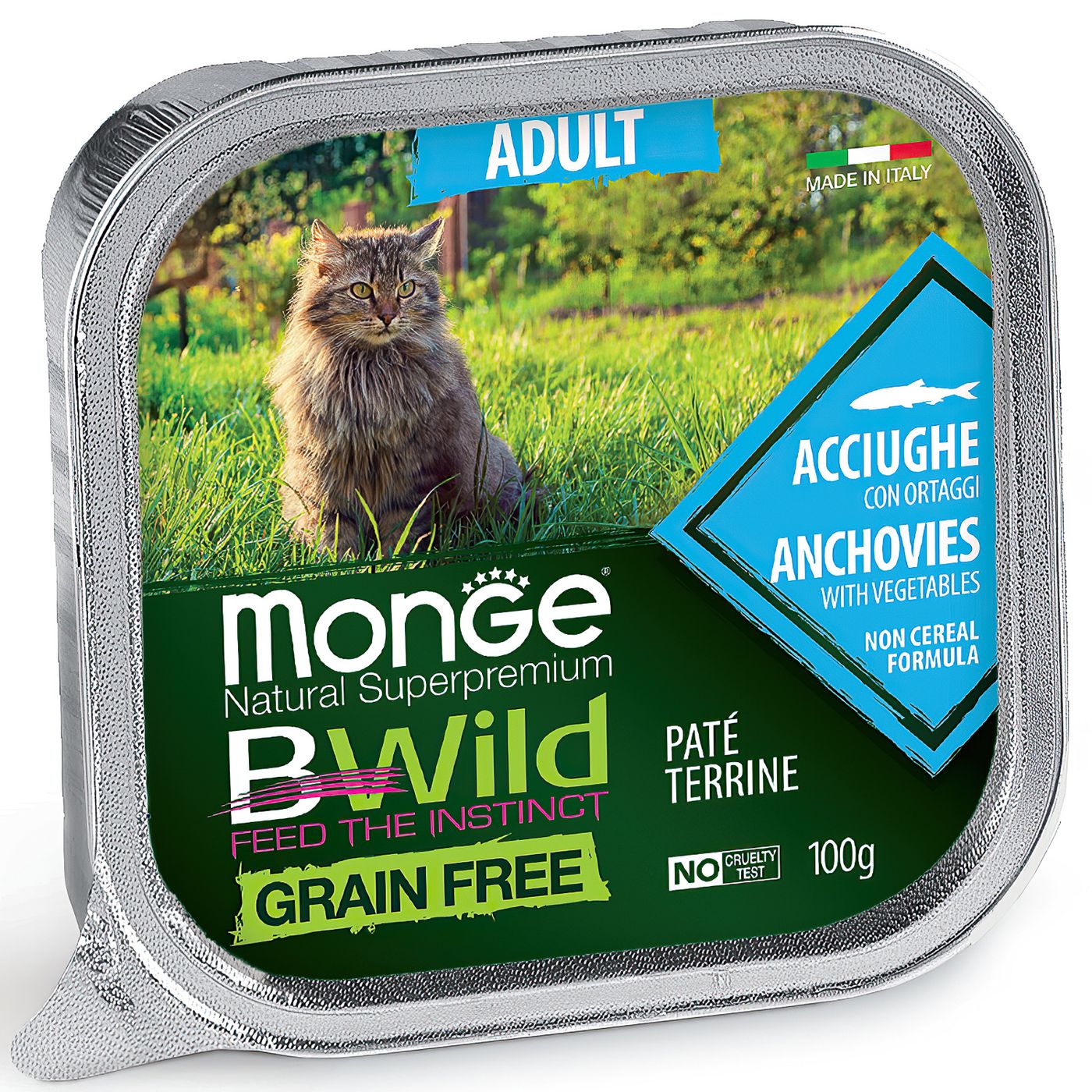 Monge Cat BWild GRAIN FREE беззерновые консервы из анчоусов с овощами для взрослых кошек 100г