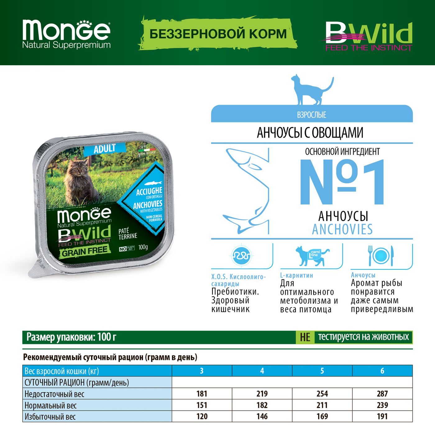 Monge Cat BWild GRAIN FREE беззерновые консервы из анчоусов с овощами для взрослых кошек 100г — фото 2