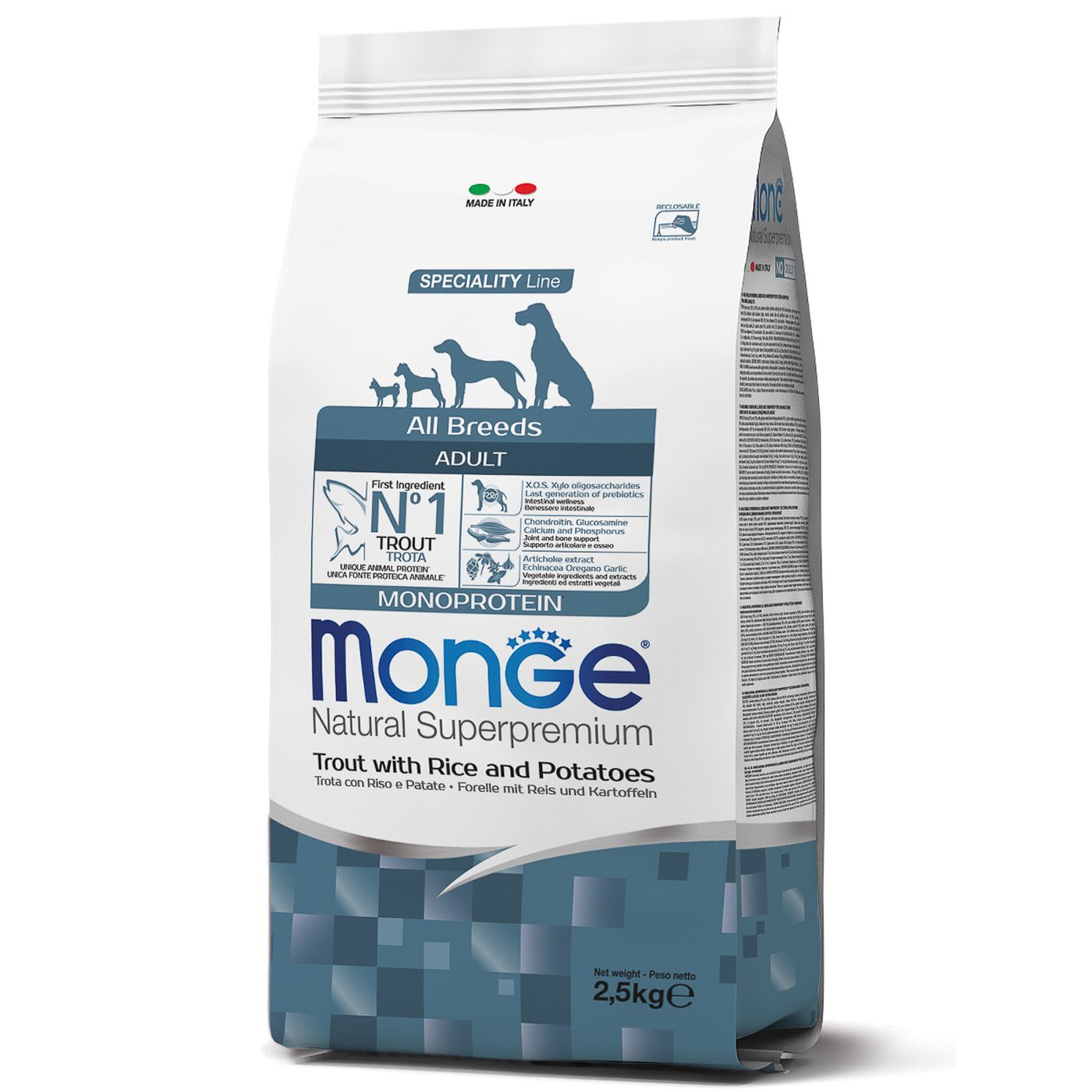 Сухой корм Monge Dog Speciality Line Monoprotein для взрослых собак всех пород, из форели с рисом и картофелем 2,5 кг — фото 8