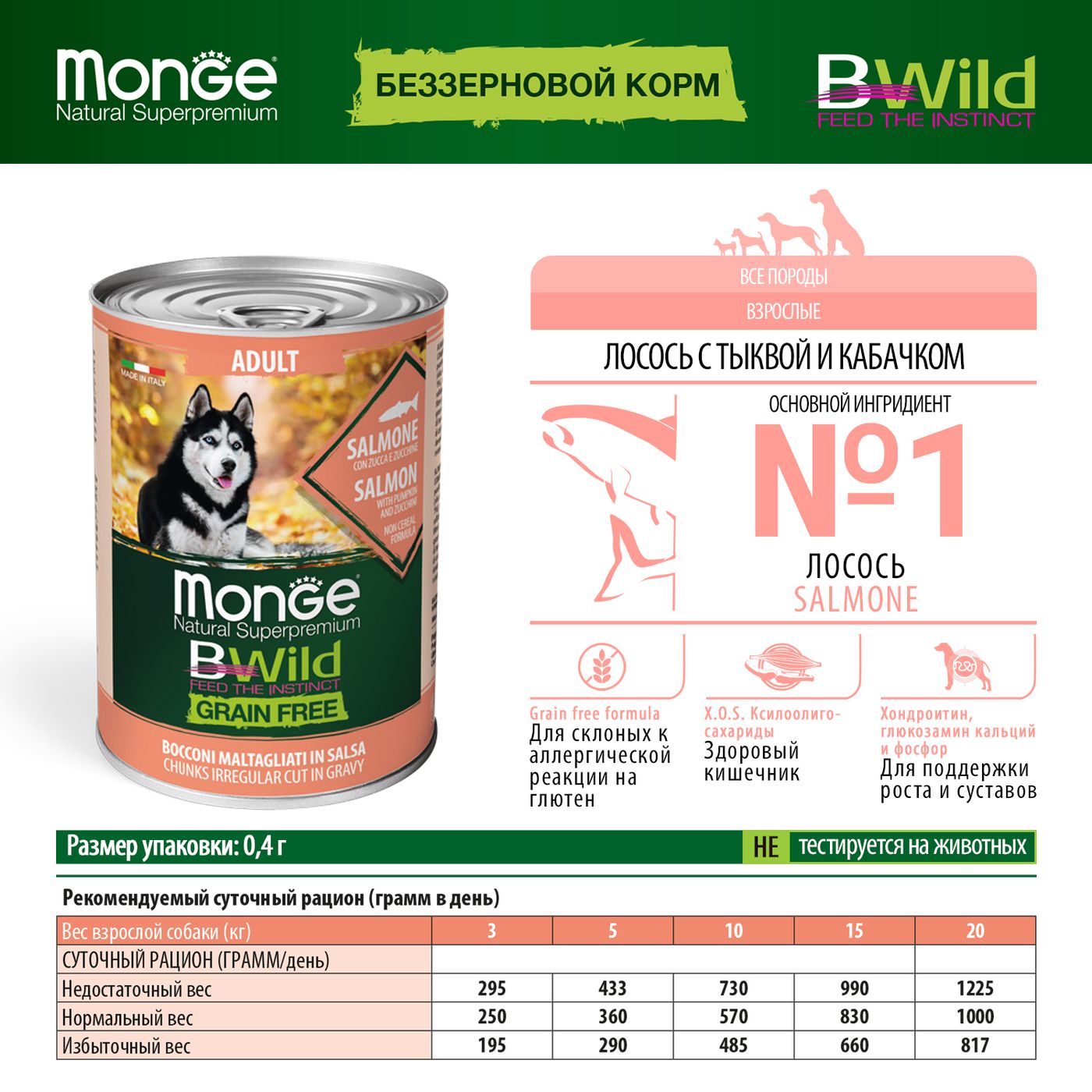 Влажный корм Monge Dog BWild GRAIN FREE для взрослых собак, беззерновой, из лосося с тыквой и кабачками, консервы 400 г — фото 2