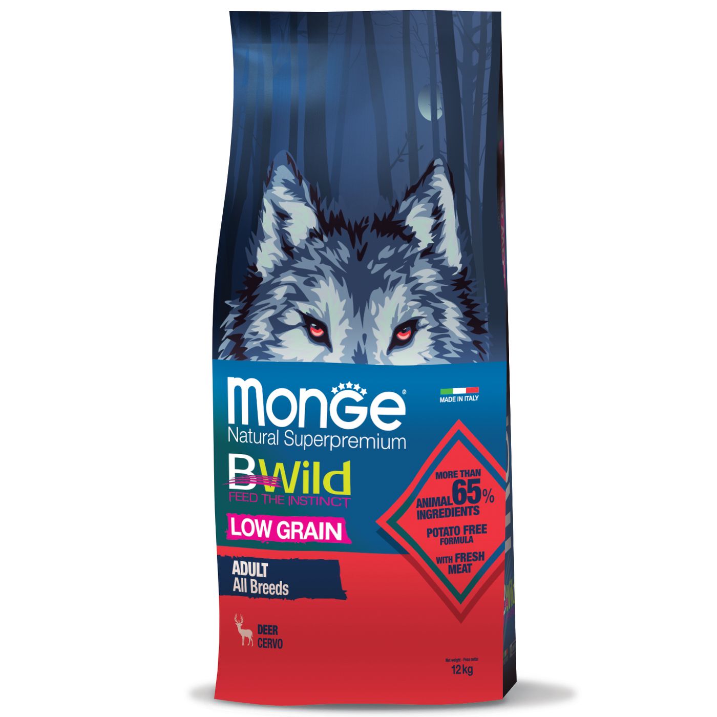 Сухой корм Monge Dog BWild LOW GRAIN для взрослых собак, низкозерновой, из мяса оленя 12 кг