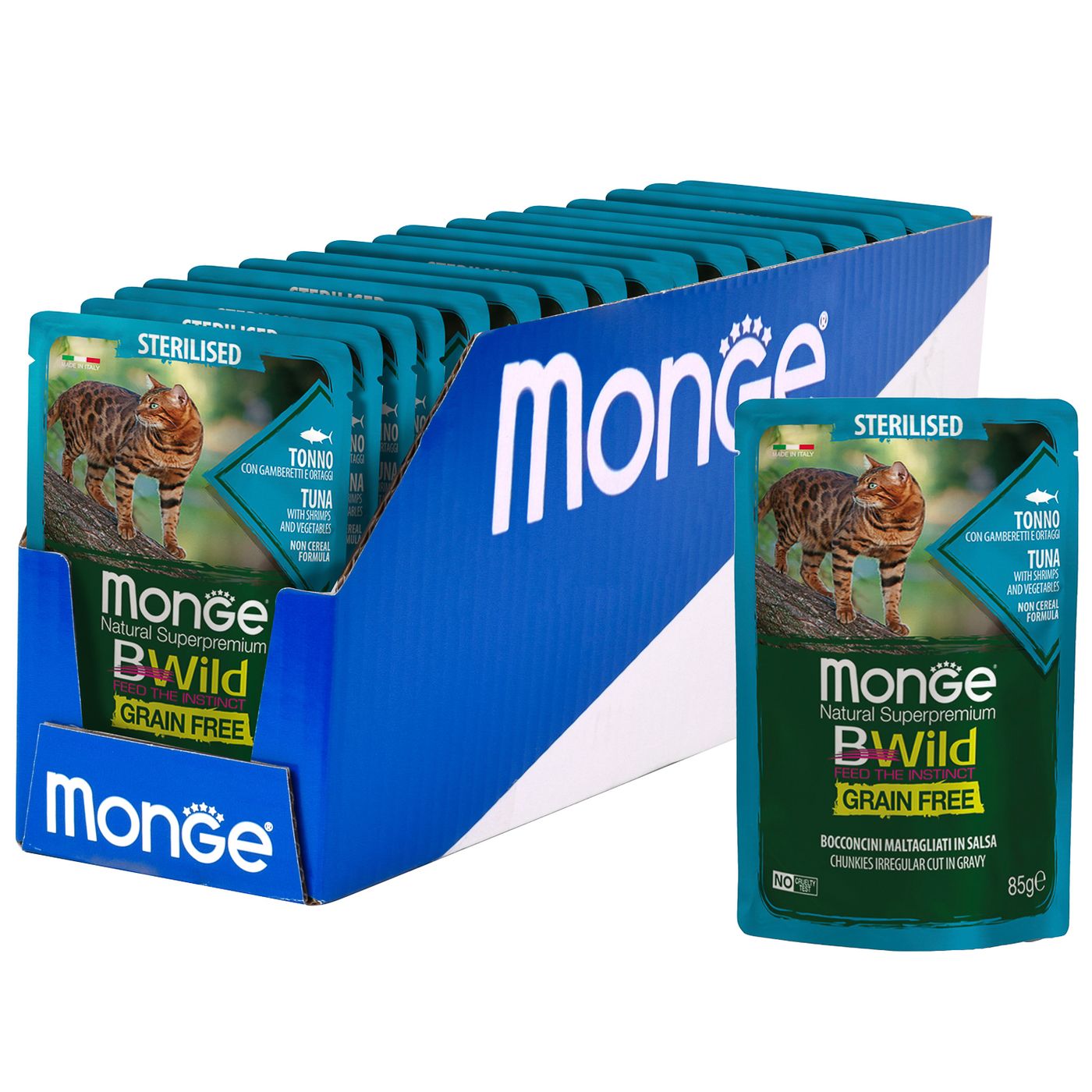 Влажный корм Monge Cat BWild GRAIN FREE для стерилизованных кошек, беззерновой, из тунца с креветками и овощами, паучи 85 г — фото 7