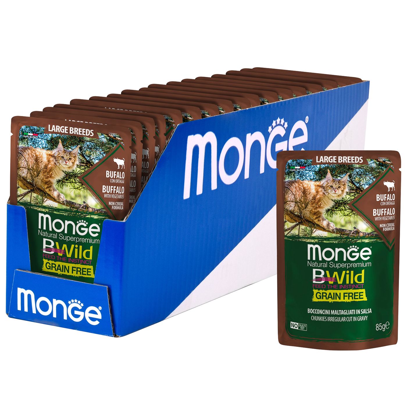 Влажный корм Monge Cat BWild GRAIN FREE для котят и кошек крупных пород, из мяса буйвола с овощами, паучи 85 г — фото 7