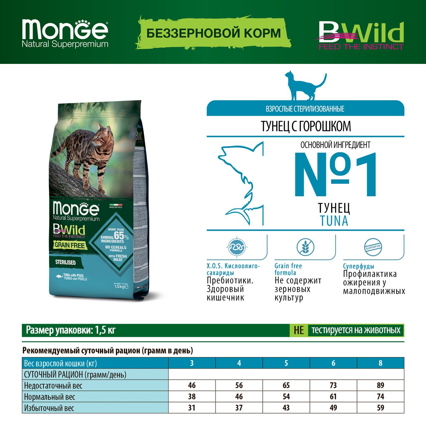 Сухой корм Monge Cat BWild GRAIN FREE для стерилизованных кошек, беззерновой, из тунца, 1,5 кг — фото 2