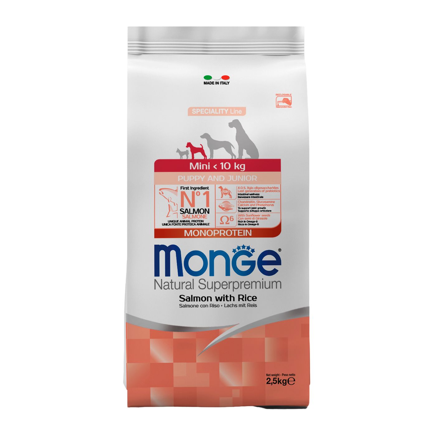 Сухой корм Monge Dog Speciality Line Monoprotein для щенков мелких пород, из лосося с рисом 2,5 кг