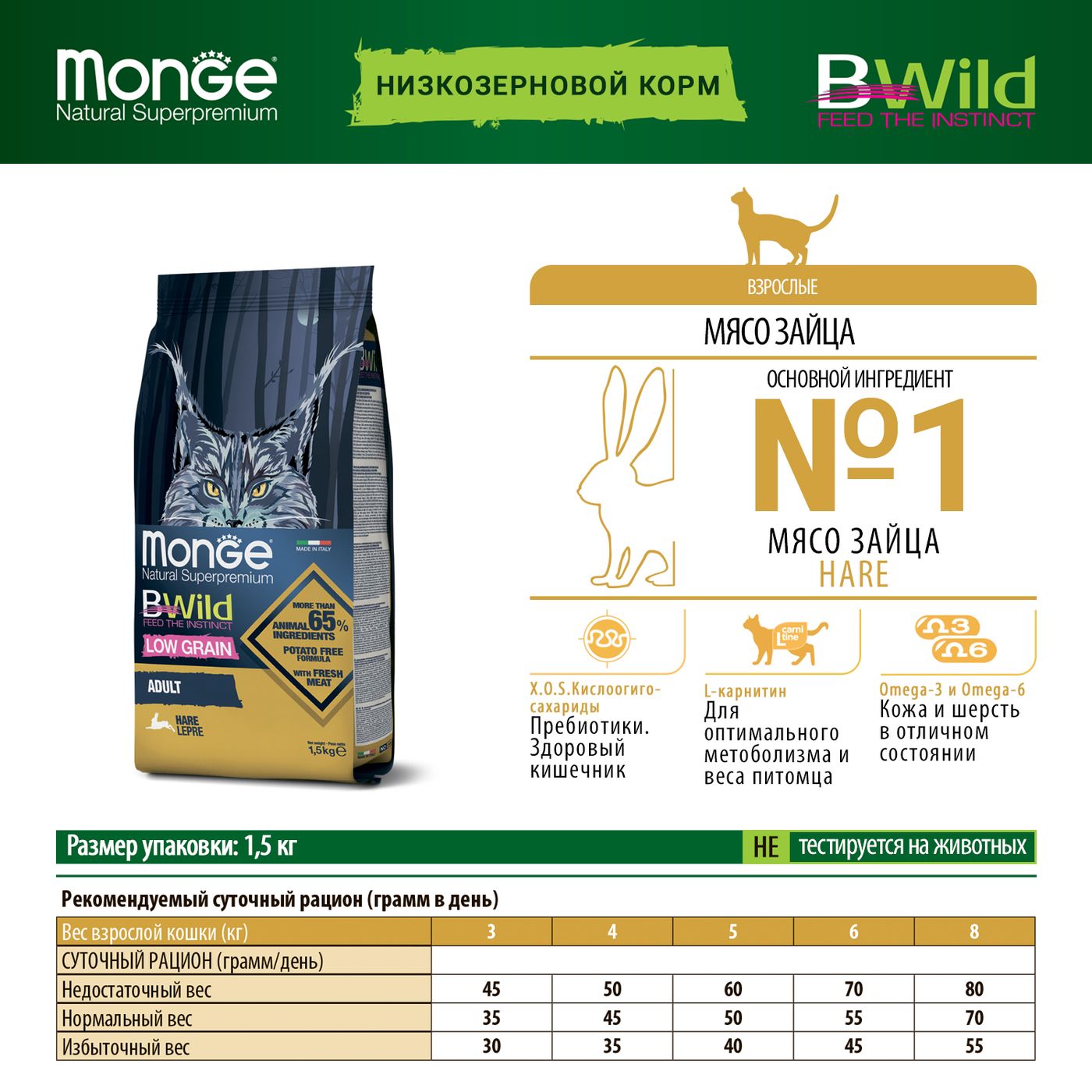 Сухой корм Monge Cat BWild LOW Hare для взрослых кошек, низкозерновой, из мяса зайца 1,5 кг — фото 2