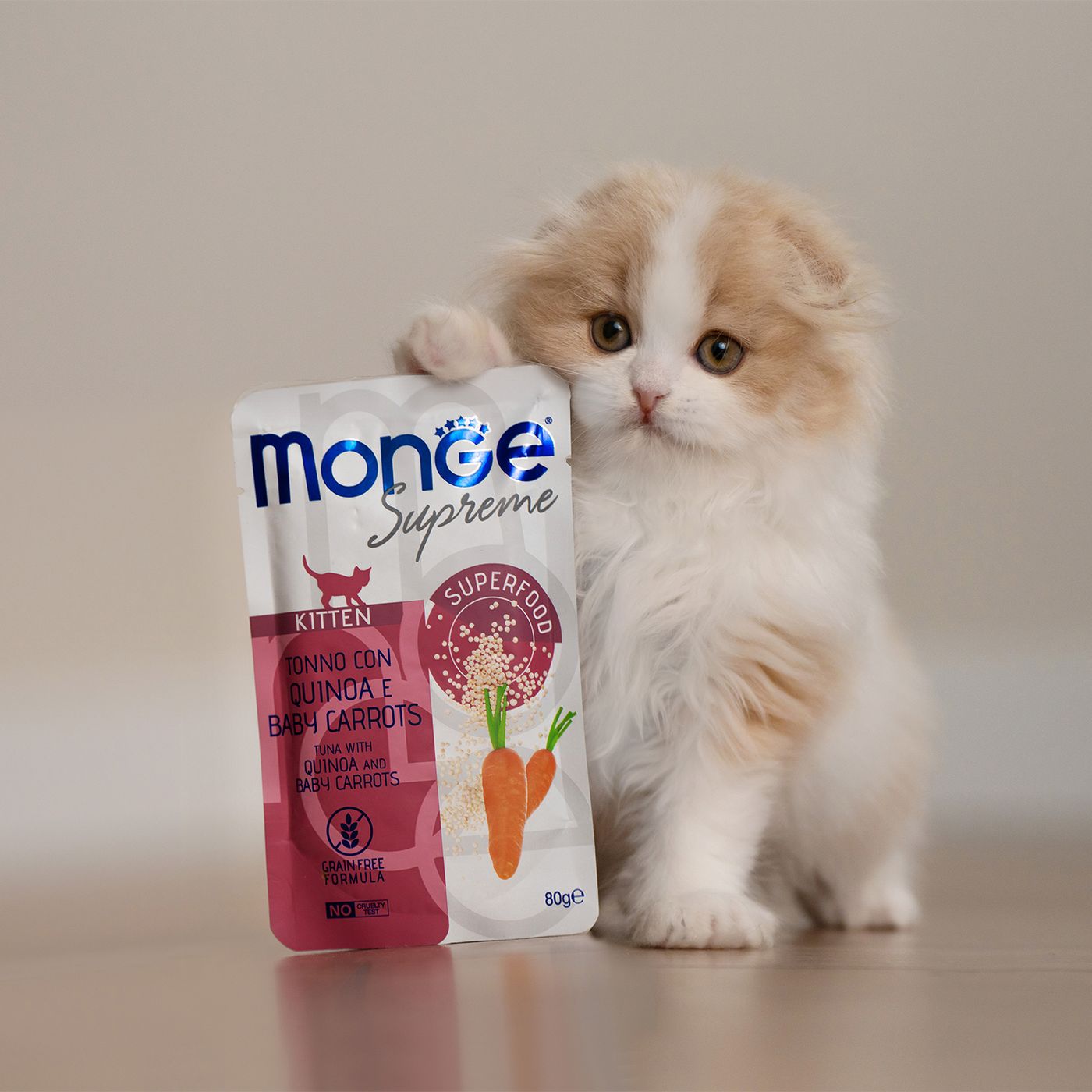 Влажный корм Monge Supreme kitten для котят из тунца с киноа и мини-морковью, паучи 80 г — фото 2