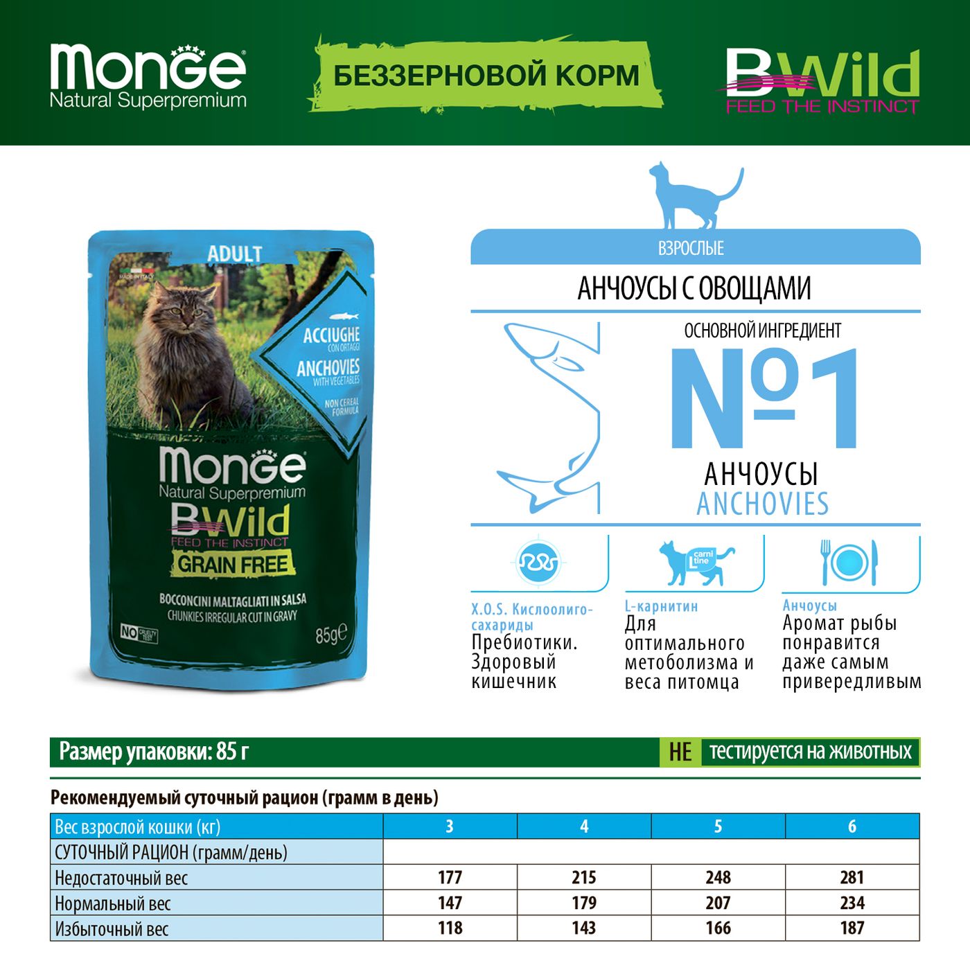 Monge Cat BWild GRAIN FREE паучи из анчоусов с овощами для взрослых кошек 85г — фото 2