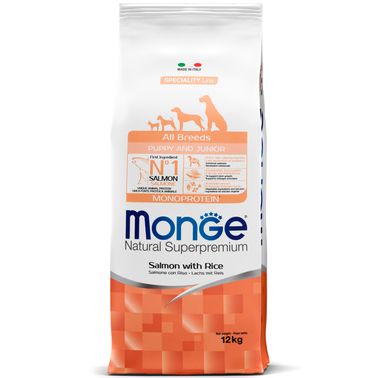 Сухой корм Monge Dog Speciality Line Monoprotein Puppy&Junior для щенков всех пород, из лосося с рисом 12 кг