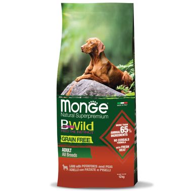 Сухой корм Monge Dog BWild GRAIN FREE для взрослых собак всех пород, беззерновой, из ягненка с картофелем и горохом 12 кг