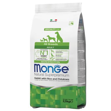 Сухой корм Monge Dog Speciality Line Monoprotein для взрослых собак всех пород,из кролика с рисом и картофелем 2,5 кг