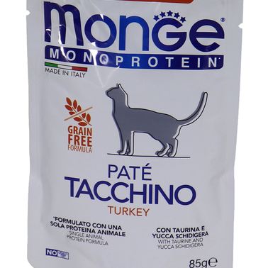 Влажный корм Monge Cat Monoprotein для взрослых кошек, из индейки, паучи 85 г